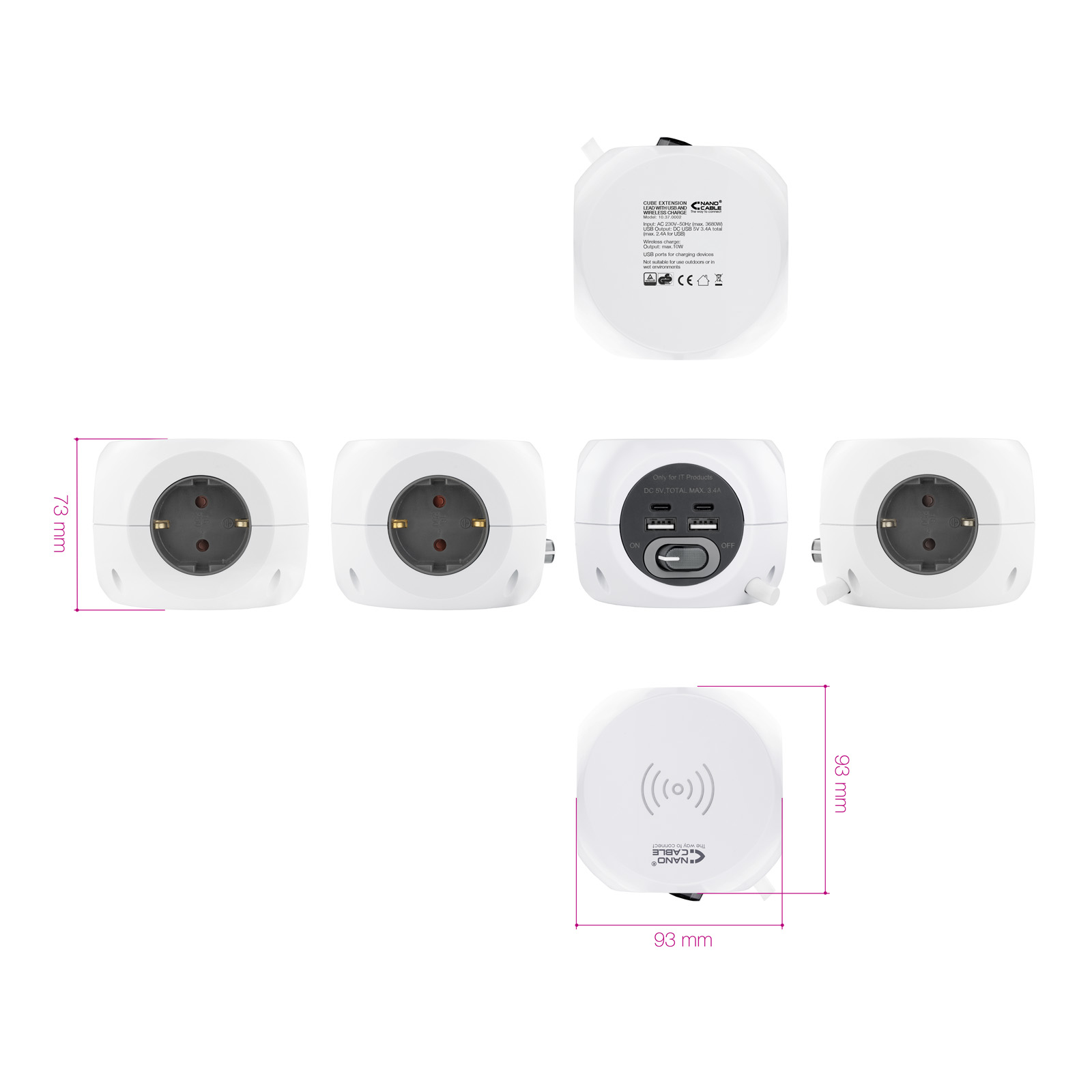 Alargador de cubo blanco con múltiples enchufes, puertos USB y carga inalámbrica, etiquetado con dimensiones.