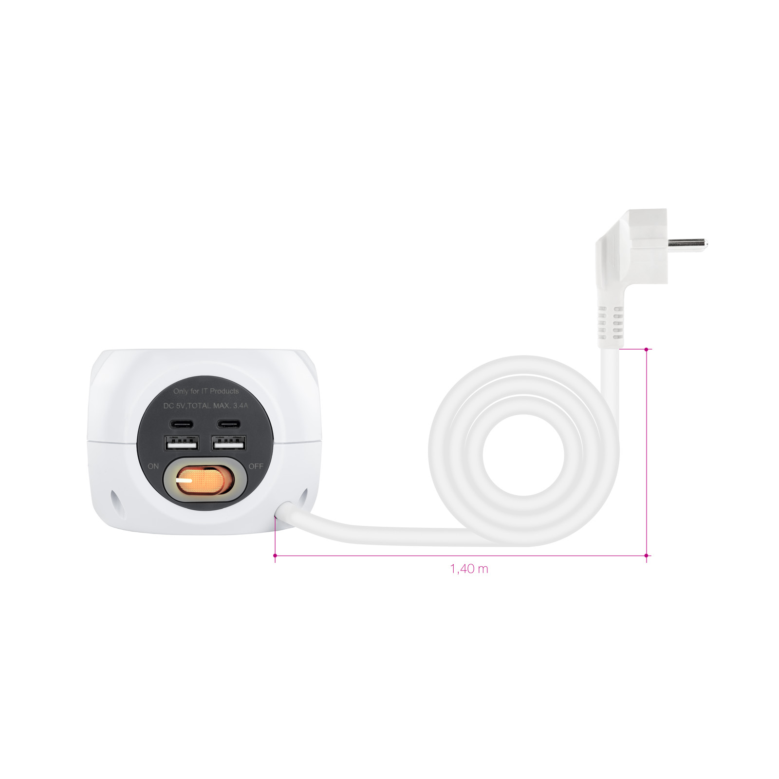 Una regleta blanca con cable en espiral y enchufe. Tiene puertos USB y un interruptor de encendido/apagado.