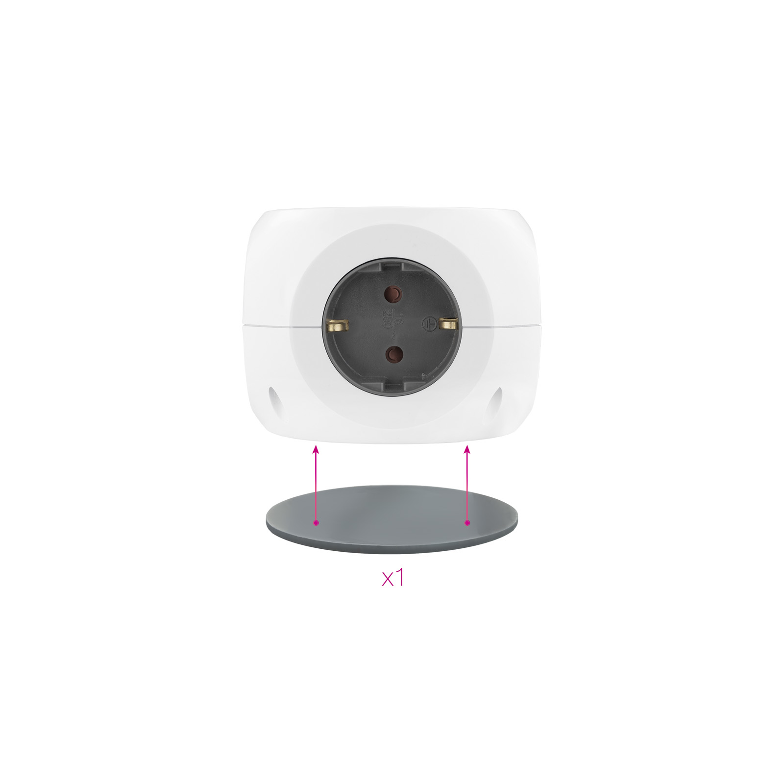 Un enchufe blanco con una base gris y flechas que apuntan a la base. El texto 'x1' está debajo de la base.