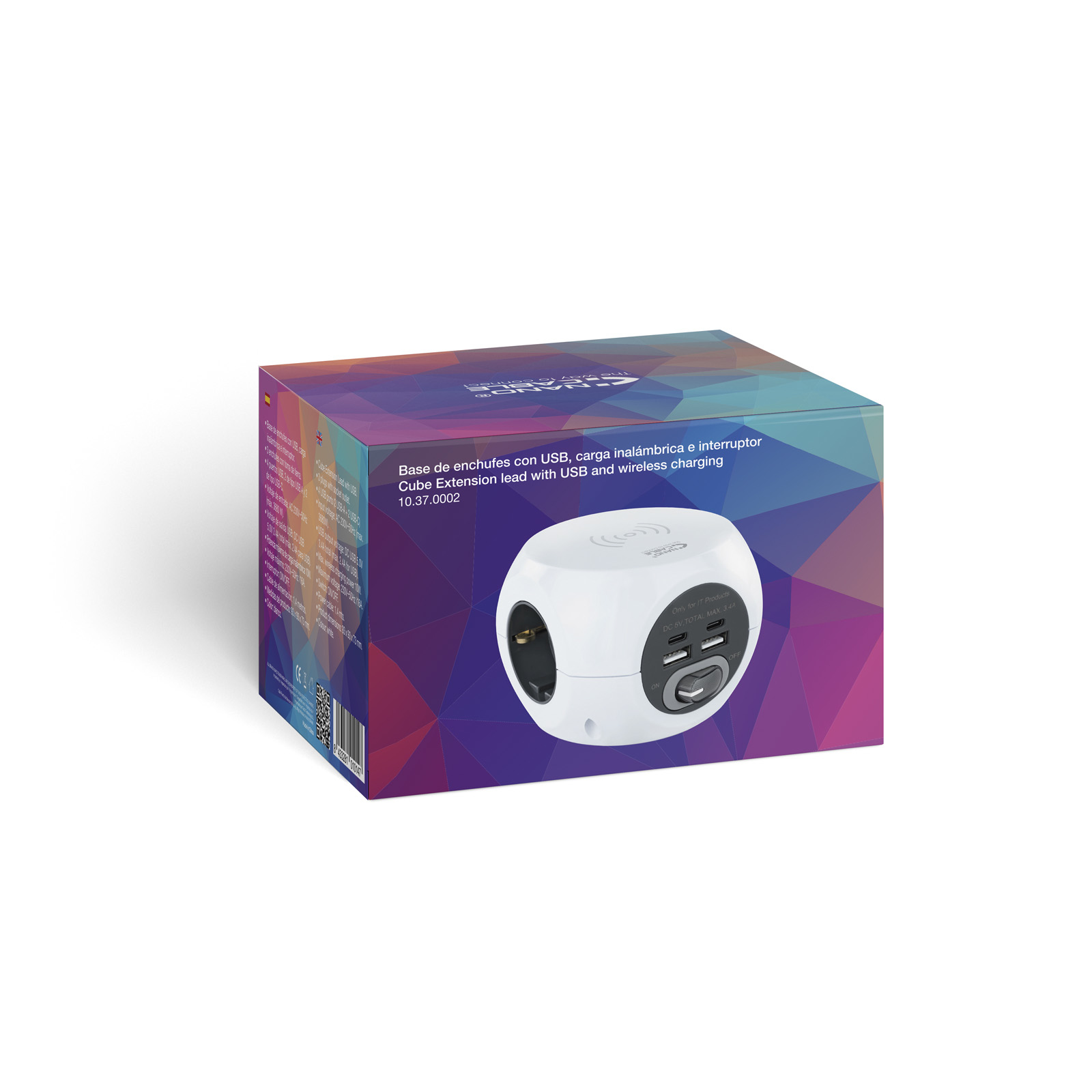 Un enchufe cúbico blanco con puertos USB y carga inalámbrica, en una caja con información.
