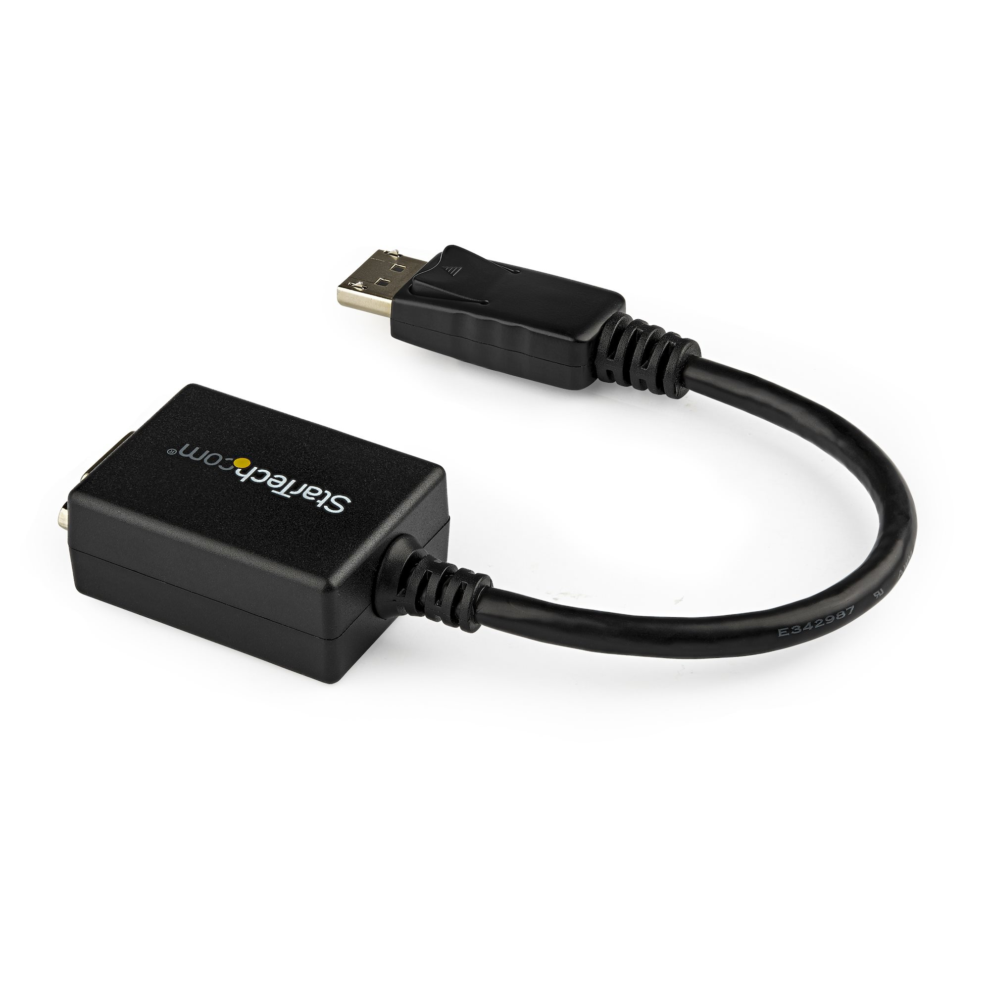 Schwarzer StarTech DisplayPort-zu-USB-C-Adapter. Er hat einen DisplayPort-Anschluss und einen USB-C-Anschluss.