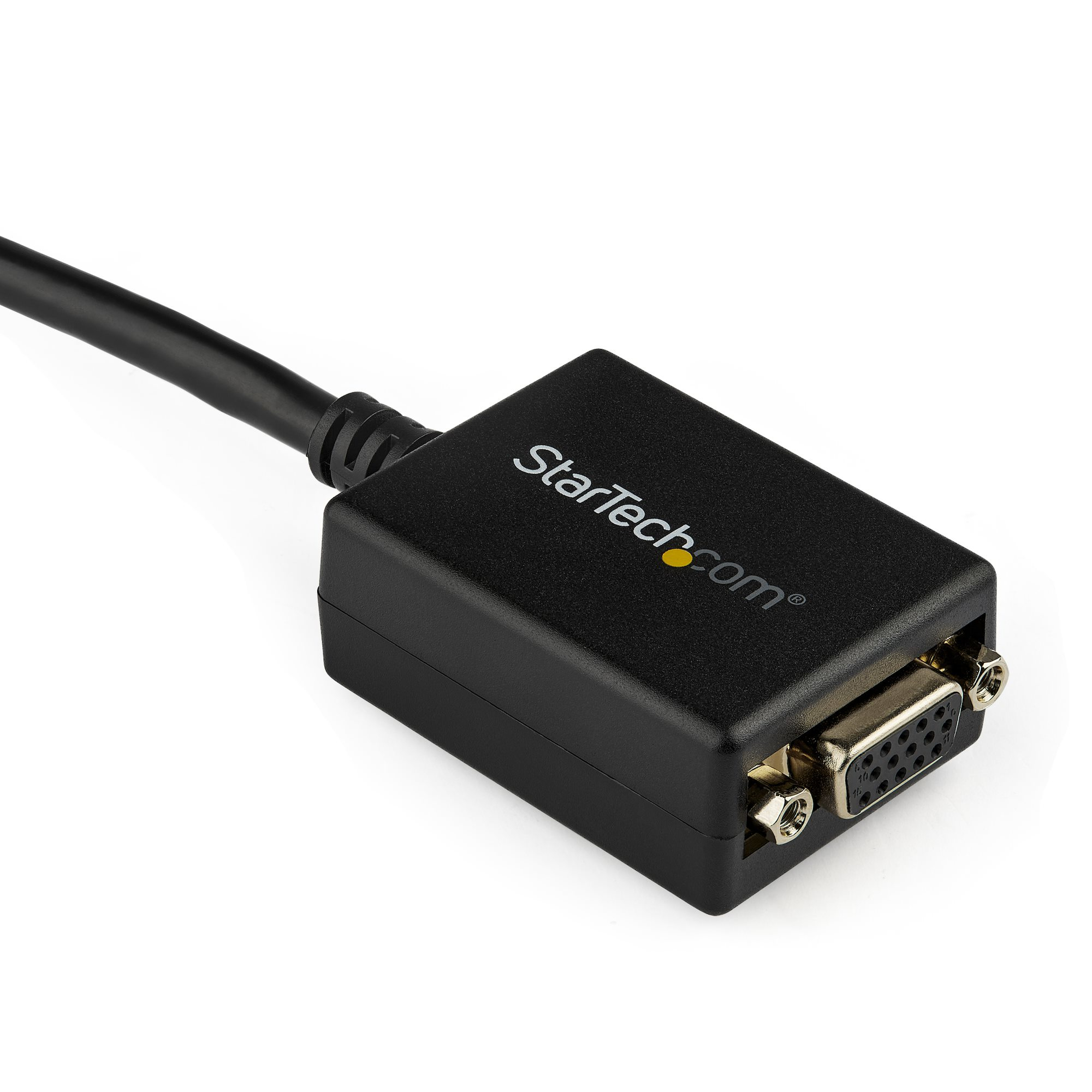 Ein schwarzes VGA-Adapterkabel von StarTech.com mit einem schwarzen Kabel. Der Stecker ist schwarz und silber.