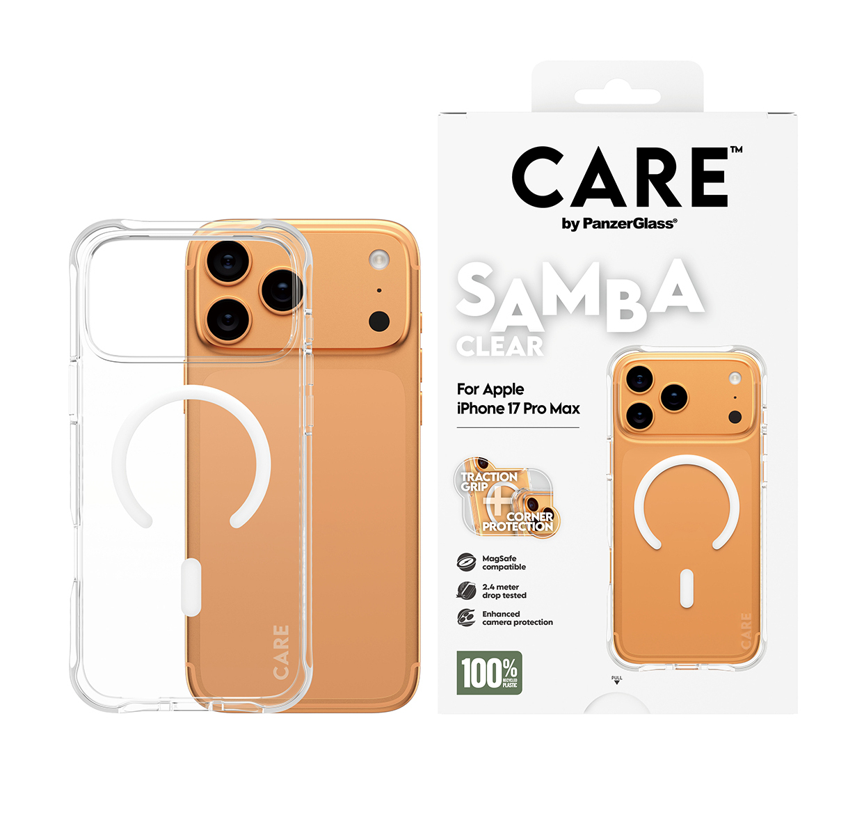 Une coque iPhone, transparente avec un téléphone orange à l'intérieur. L'emballage montre la coque et le téléphone, avec le texte : CARE by PanzerGlass.