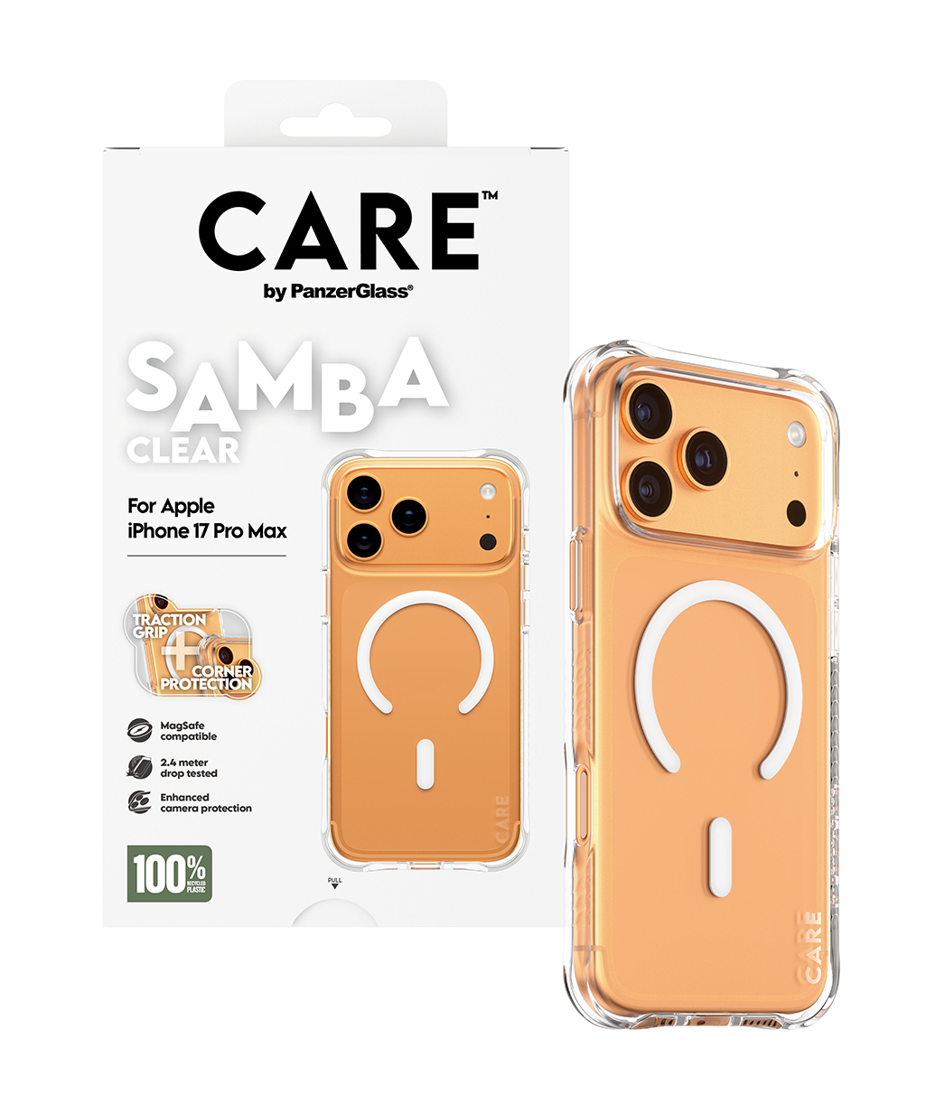 Une coque pour iPhone 17 Pro Max, avec un anneau magnétique blanc, sur une boîte blanche. La coque est orange avec une bordure transparente.