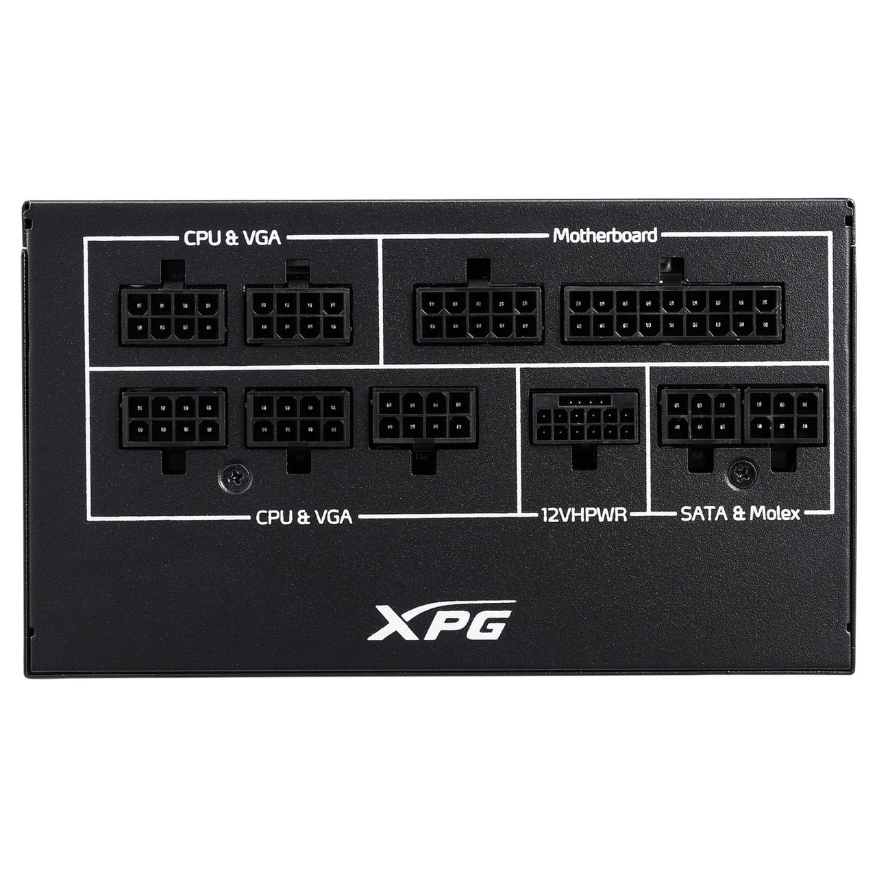 Black computer power supply unit. Has various ports labeled: CPU & VGA, Motherboard, 12VHPWR, and SATA & Molex. XPG logo at the bottom.