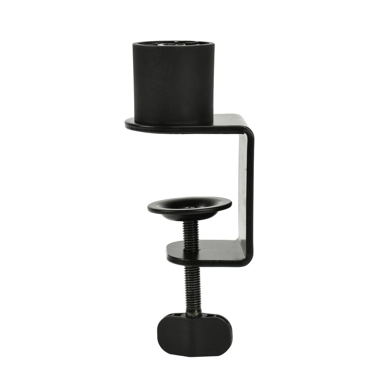 Une pince de bureau noire avec un cylindre, une plaque et une tige filetée. Elle est sur fond blanc. La pince sert à maintenir des objets.
