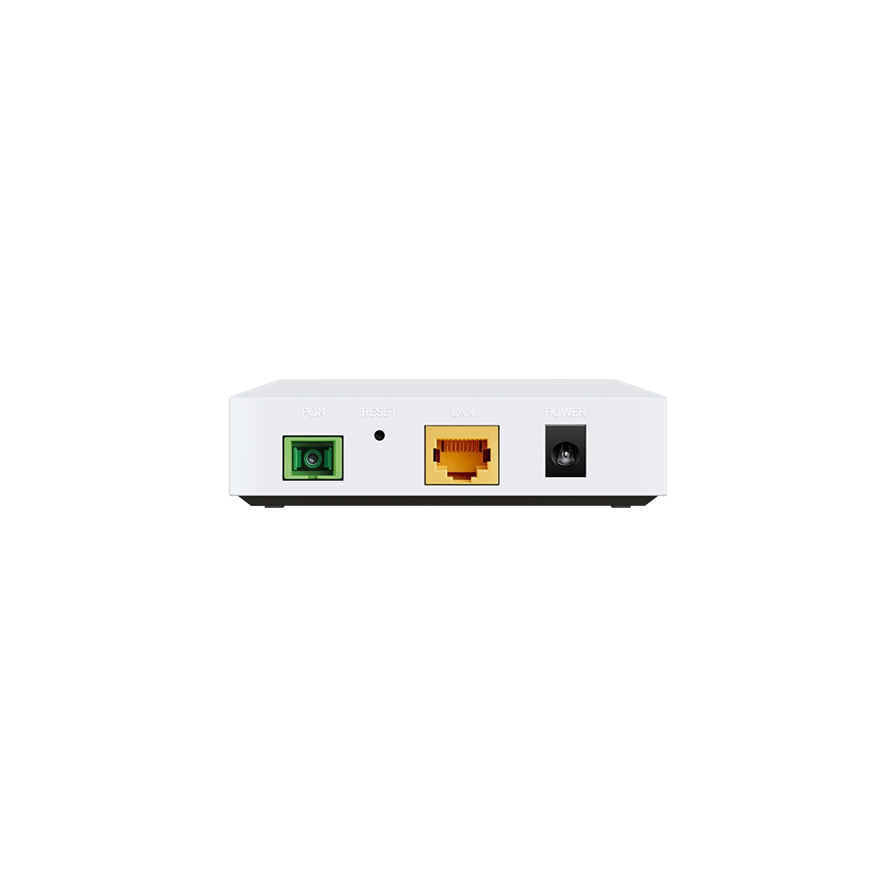 Weißes Netzwerkgerät mit grünem PON-Anschluss, gelbem LAN-Anschluss, Reset-Taste und Stromanschluss, vor weißem Hintergrund.