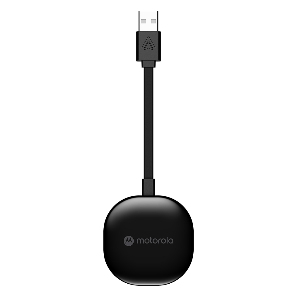 Un adaptador Motorola negro con conector USB arriba y base redonda. El logotipo de Motorola es visible.