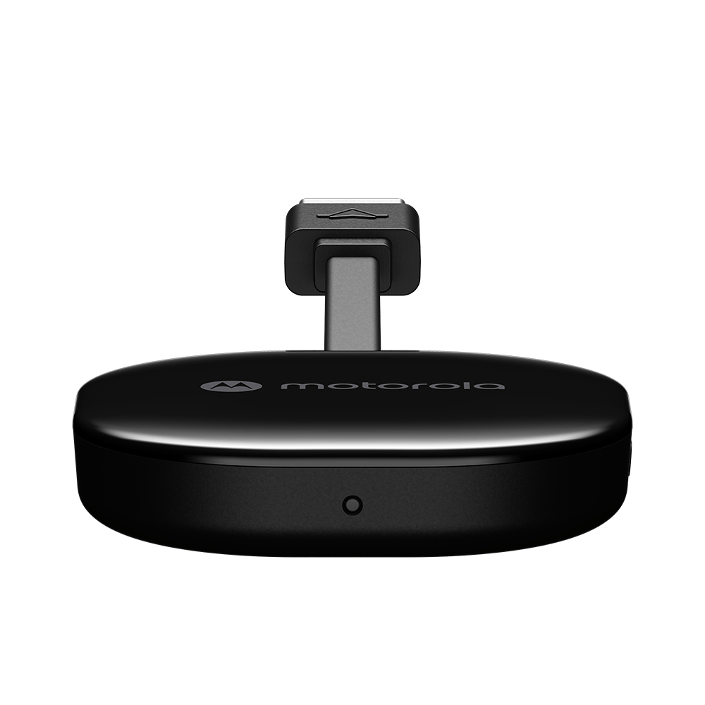 Un dispositivo Motorola negro con base circular y parte superior rectangular. El logotipo de Motorola es visible.