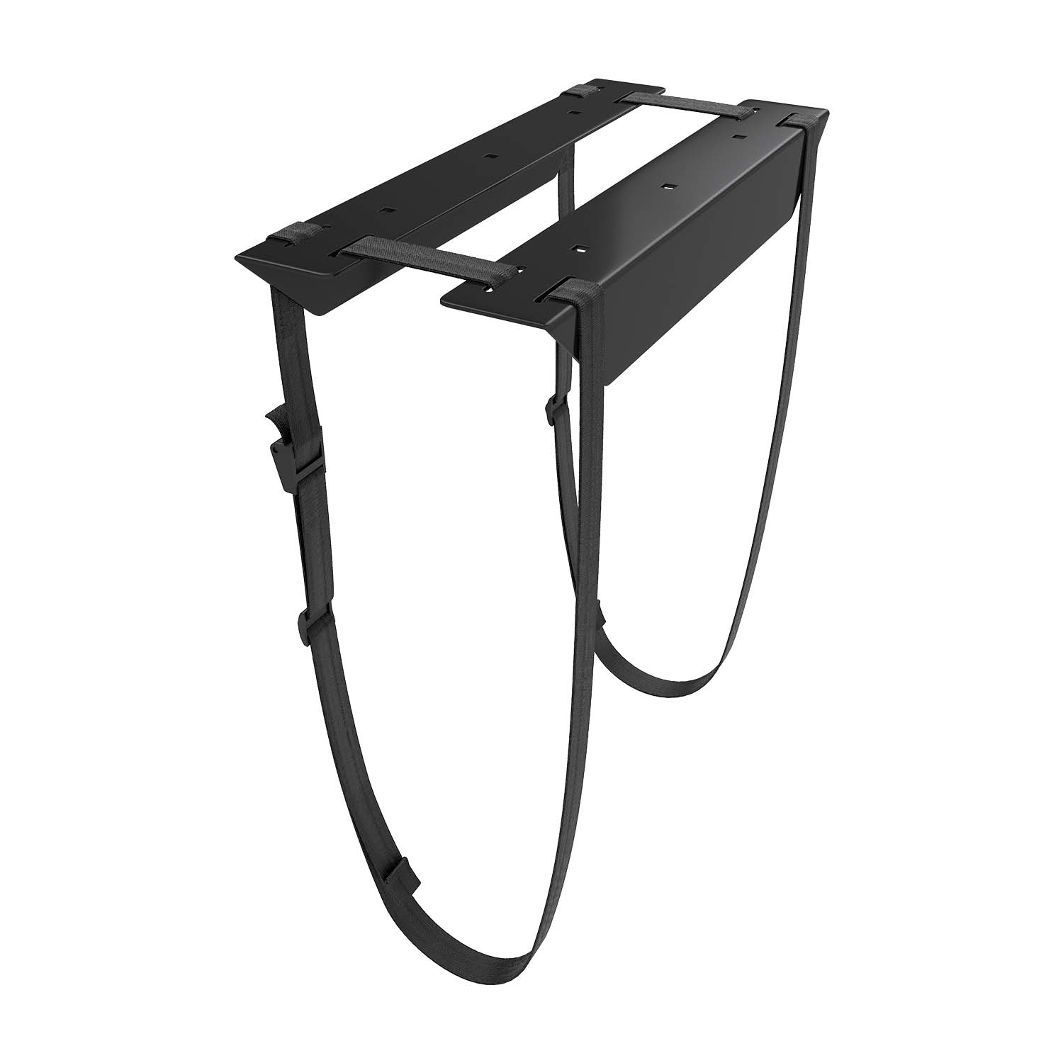Un soporte metálico negro con correas cuelga sobre un fondo blanco. Tiene dos barras paralelas conectadas por una caja rectangular.