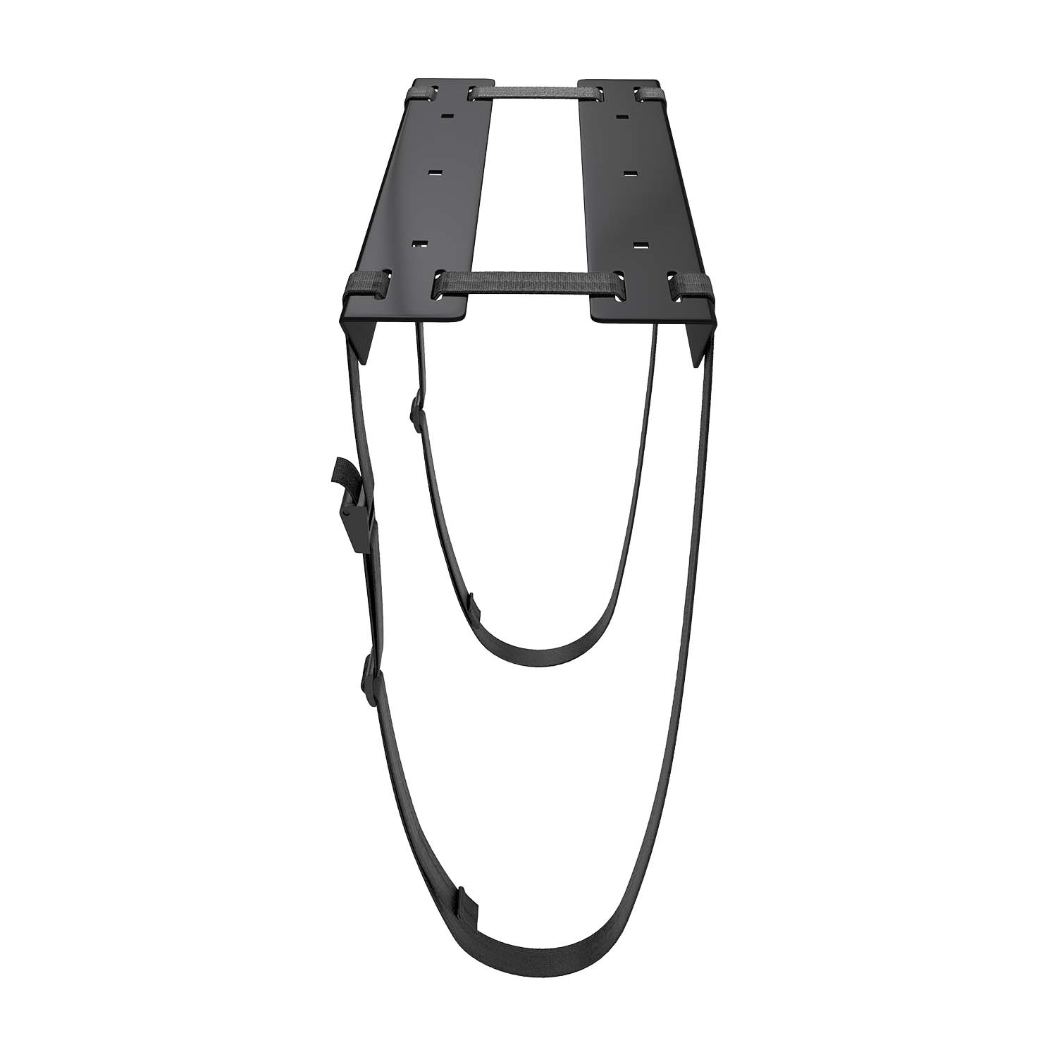 Un soporte metálico negro con correas cuelga sobre un fondo blanco. El soporte tiene una parte superior rectangular y correas curvas.