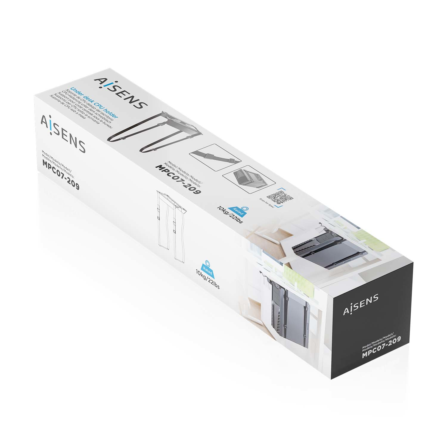 Una caja de un soporte de CPU 'AISENS' para debajo del escritorio. Muestra imágenes del producto, número de modelo y capacidad de peso. La caja es blanca y negra.