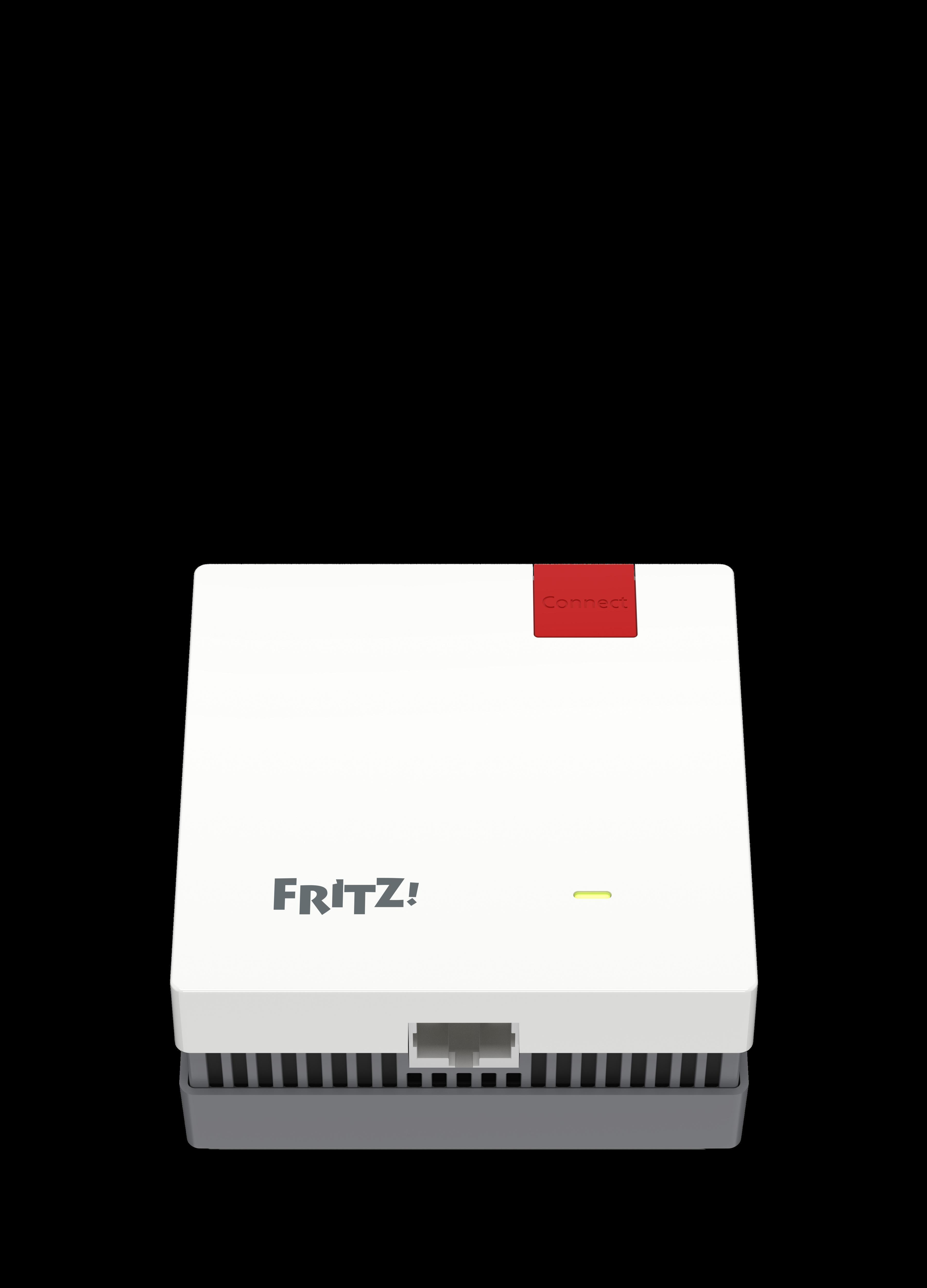Ein weißer Router mit dem Wort Fritz!. Oben befindet sich eine rote Schaltfläche 'Connect'.