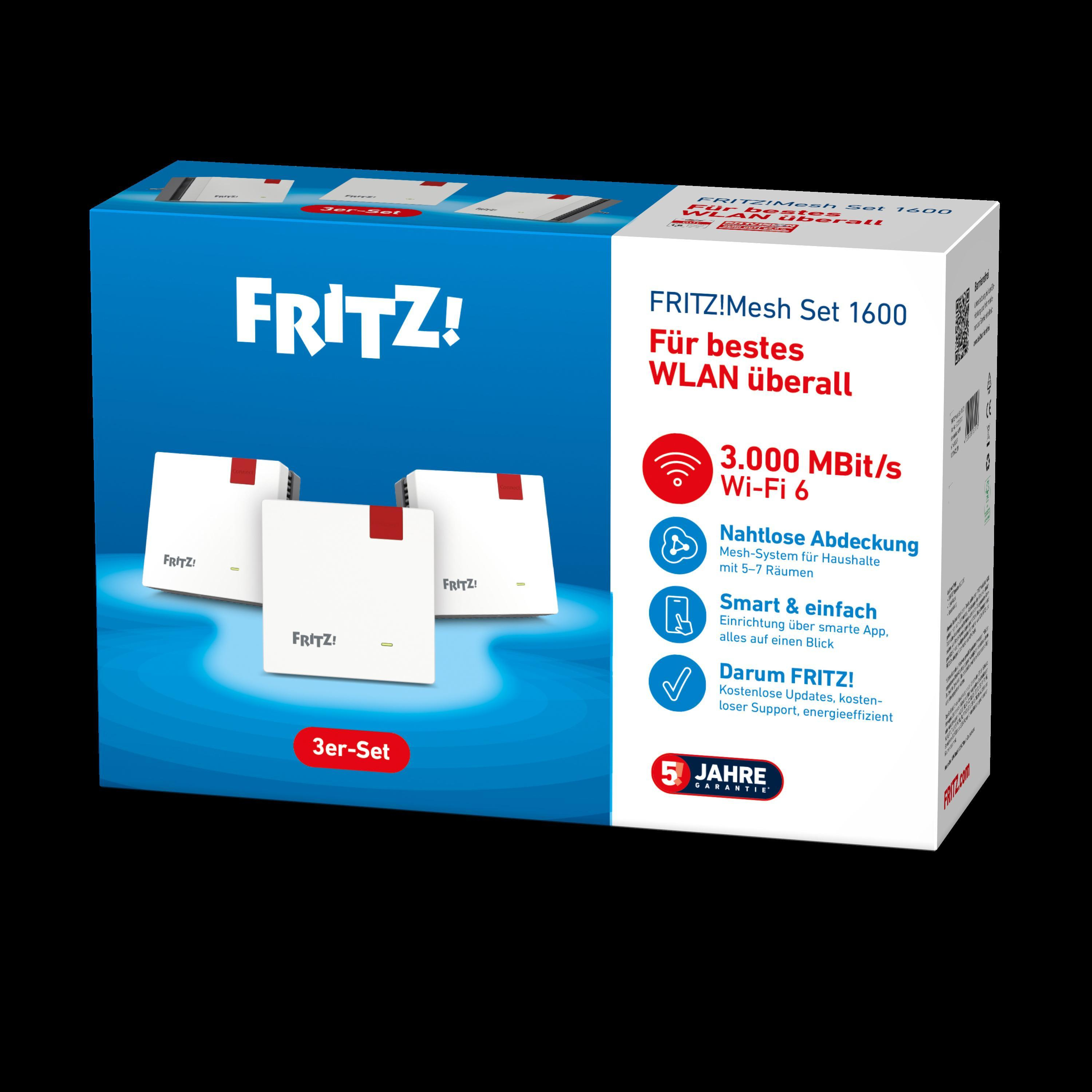 Eine Box mit drei weißen Geräten, beschriftet mit FRITZ!, für ein WLAN-Mesh-System, mit Text und Symbolen.