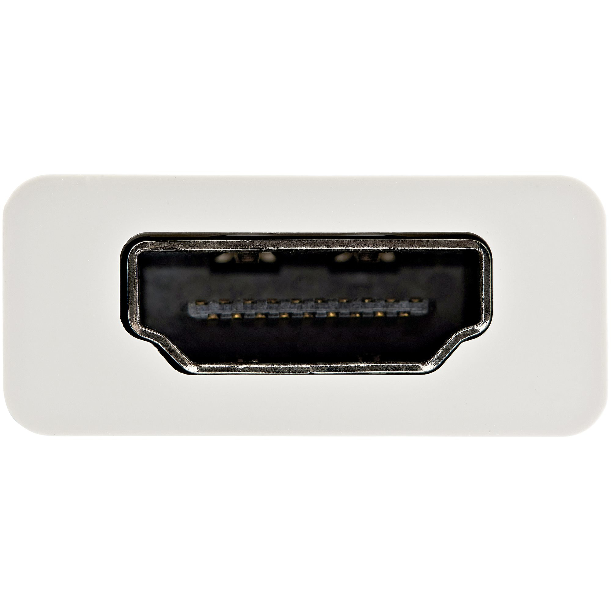 Primer plano de un puerto HDMI dentro de un marco rectangular blanco. El puerto es oscuro, con muchos pines.