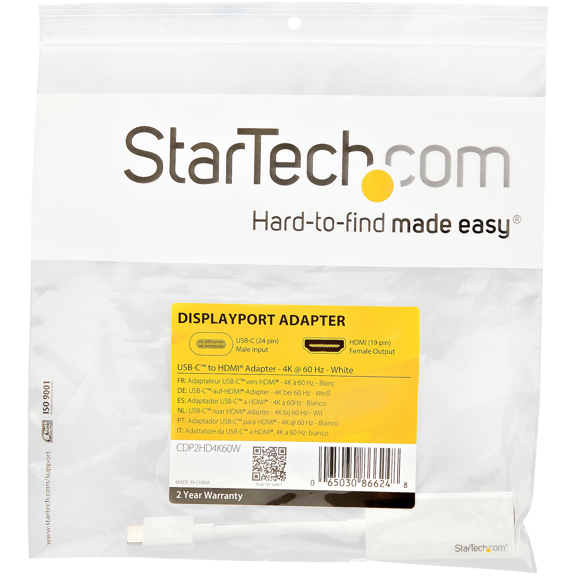 Un paquete blanco con el logotipo de StarTech.com y detalles del producto: un adaptador DisplayPort.