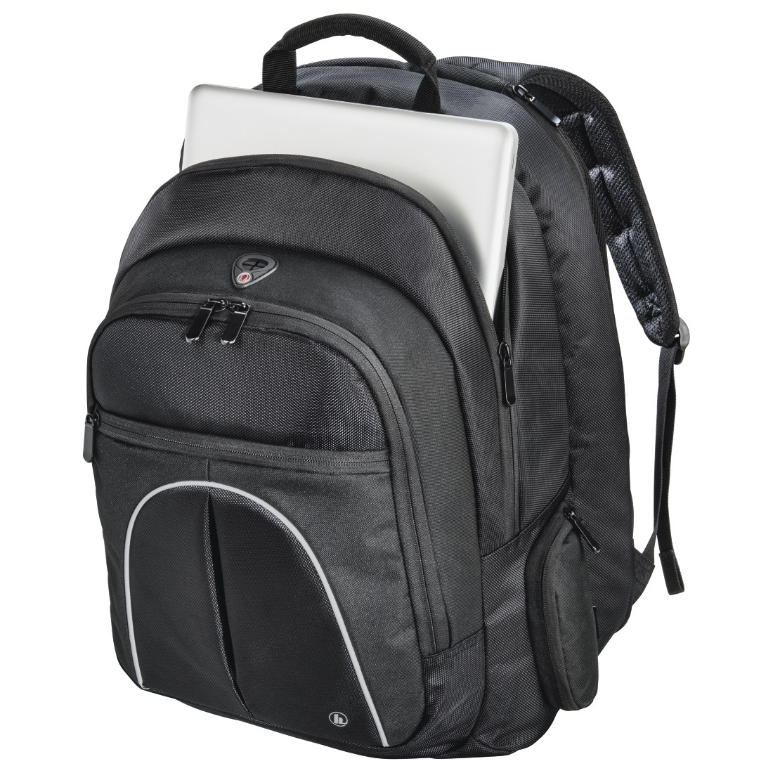 Schwarzer Rucksack mit silbernem Laptop. Der Rucksack hat mehrere Fächer und einen Griff oben.