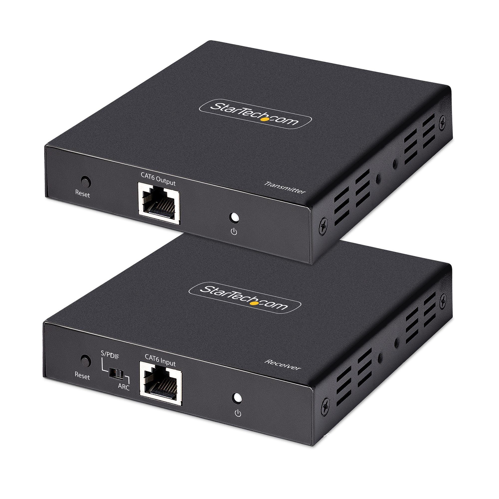 Zwei schwarze StarTech.com-Netzwerkgeräte. Das obere ist ein Sender, das untere ein Empfänger. Beide haben Anschlüsse und Beschriftungen.