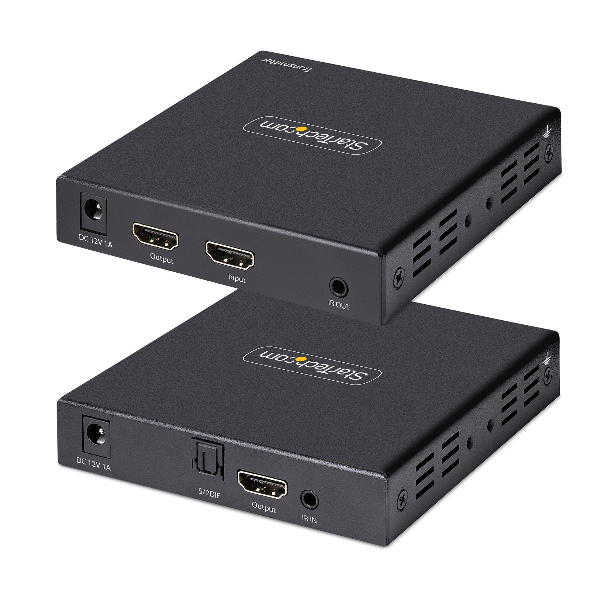 Zwei schwarze HDMI-Transmitterboxen sind gestapelt. Jede hat Anschlüsse und das StarTech.com-Logo. Eine hat S/PDIF.