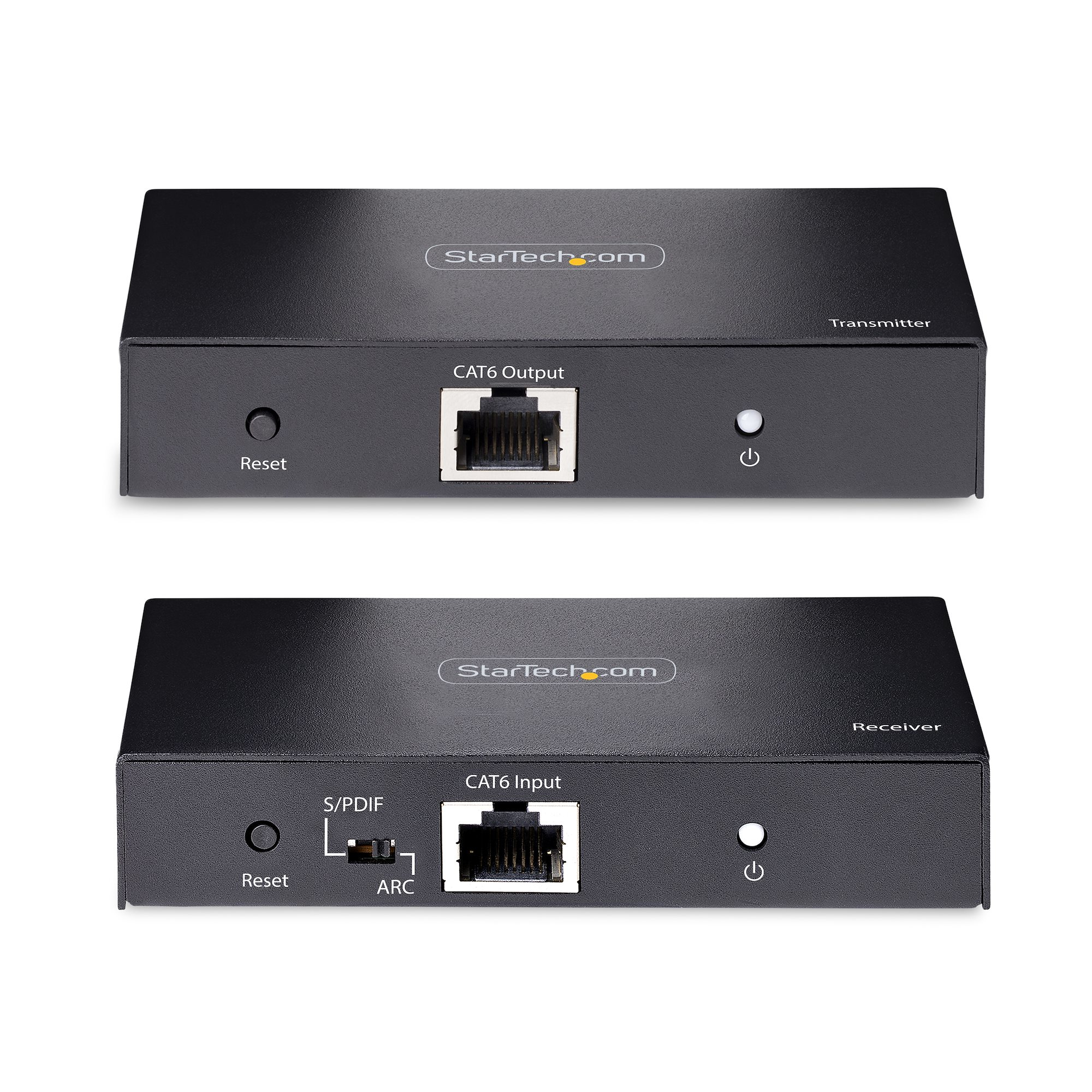 Zwei schwarze StarTech-Boxen mit der Aufschrift Transmitter und Receiver. Jede hat Anschlüsse, Tasten und Logos, auf weißem Hintergrund.