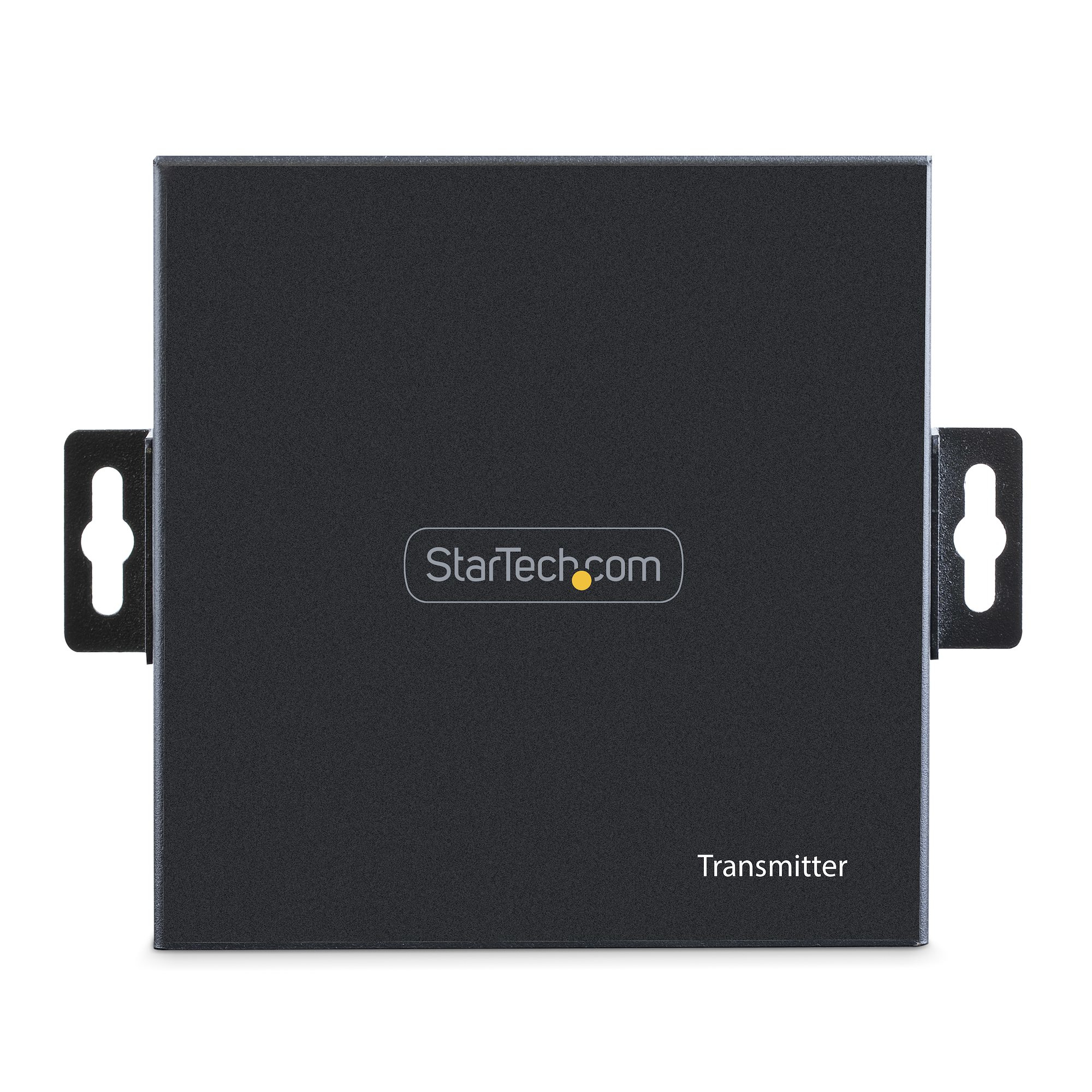 Schwarzer Transmitterkasten mit StarTech.com-Logo. Hat Halterungen an den Seiten. Text 'Transmitter' ist sichtbar.
