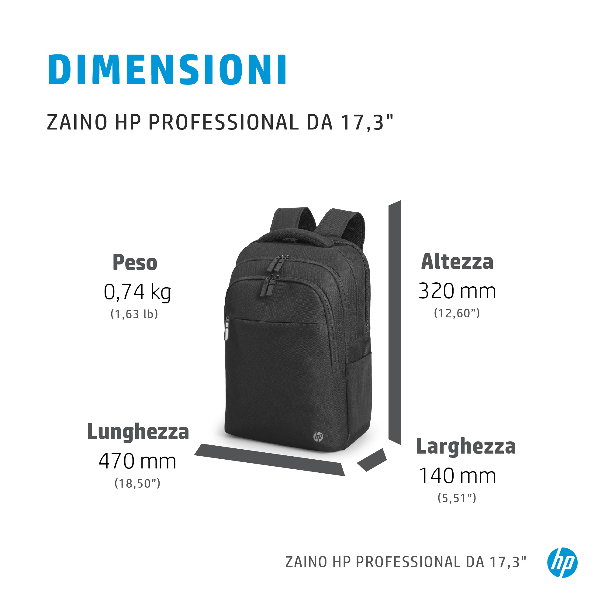 Schwarzer HP-Rucksack mit den Maßen: 470 mm Länge, 320 mm Höhe, 140 mm Breite. Wiegt 0,74 kg. Der Text lautet 'ZAINO HP PROFESSIONAL DA 17,3"'.