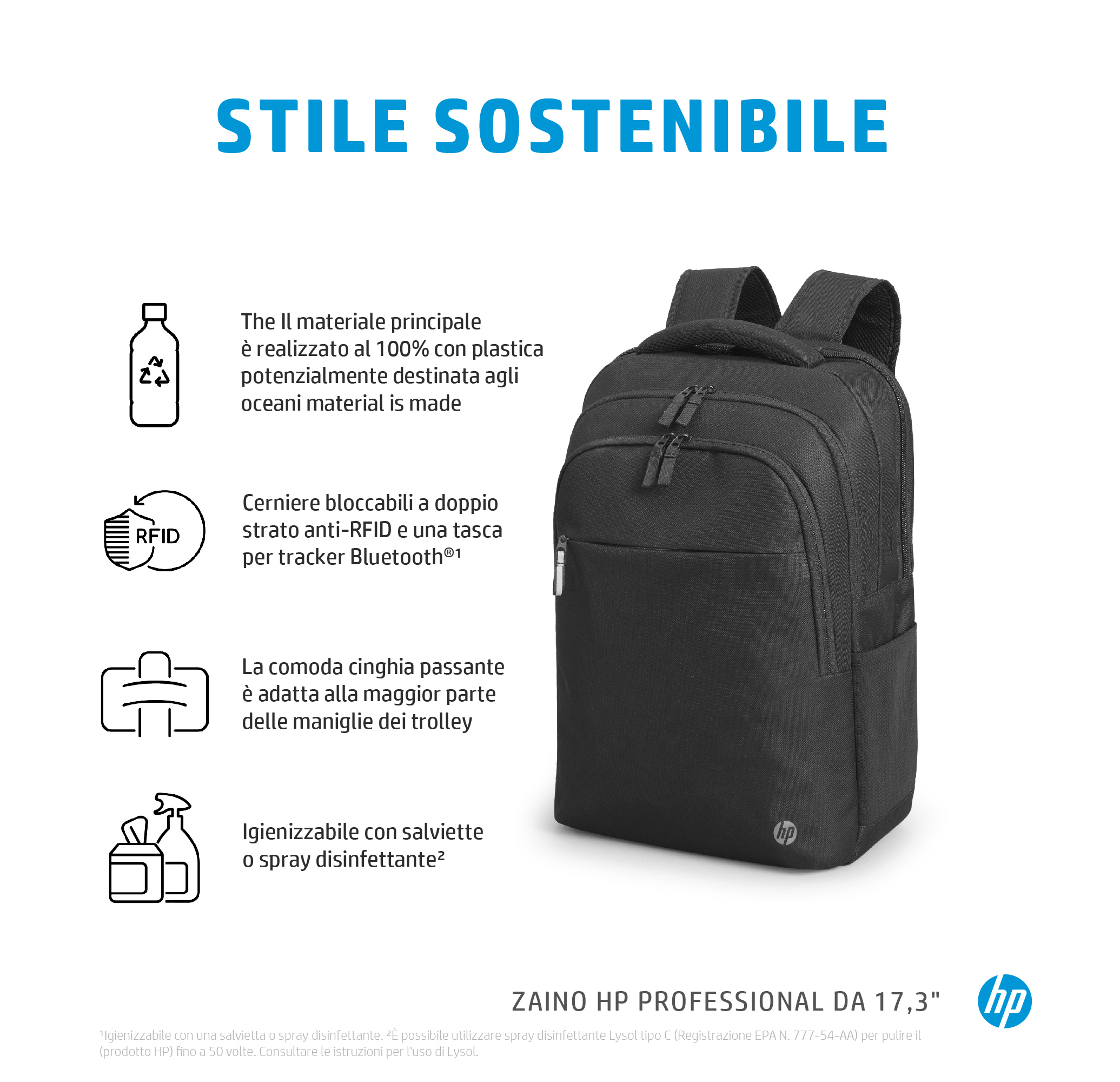 Ein schwarzer Rucksack mit mehreren Fächern auf weißem Grund. Italienischer Text hebt Merkmale und Nachhaltigkeit hervor.