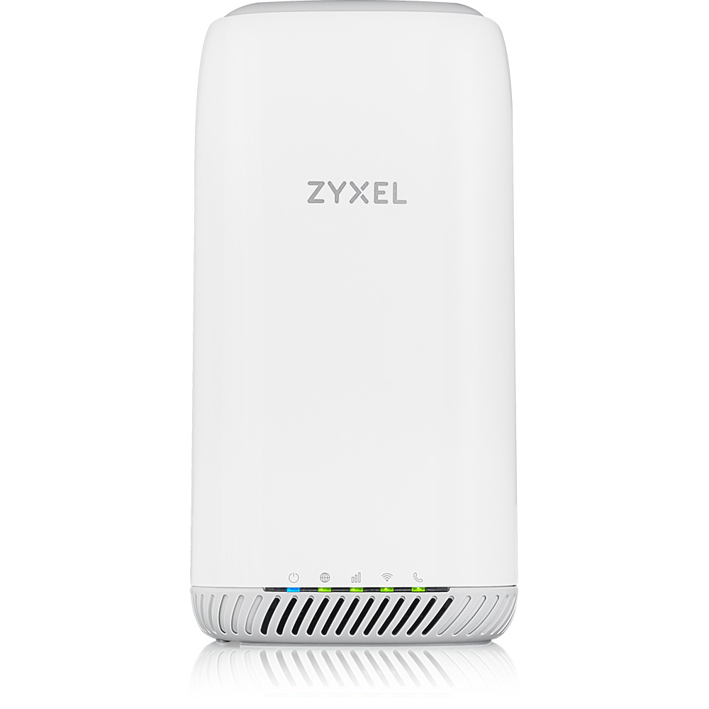 Un router Zyxel blanco. Tiene luces de estado en la parte inferior y un diseño de malla en la base. El logotipo de Zyxel está en el centro superior.