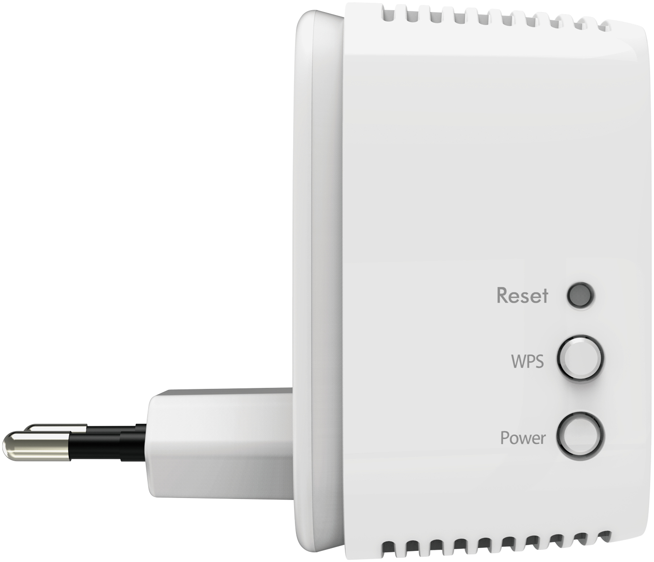 Un extendeur réseau blanc avec une prise. Il dispose d'un bouton de réinitialisation, d'un bouton WPS et d'un bouton d'alimentation.