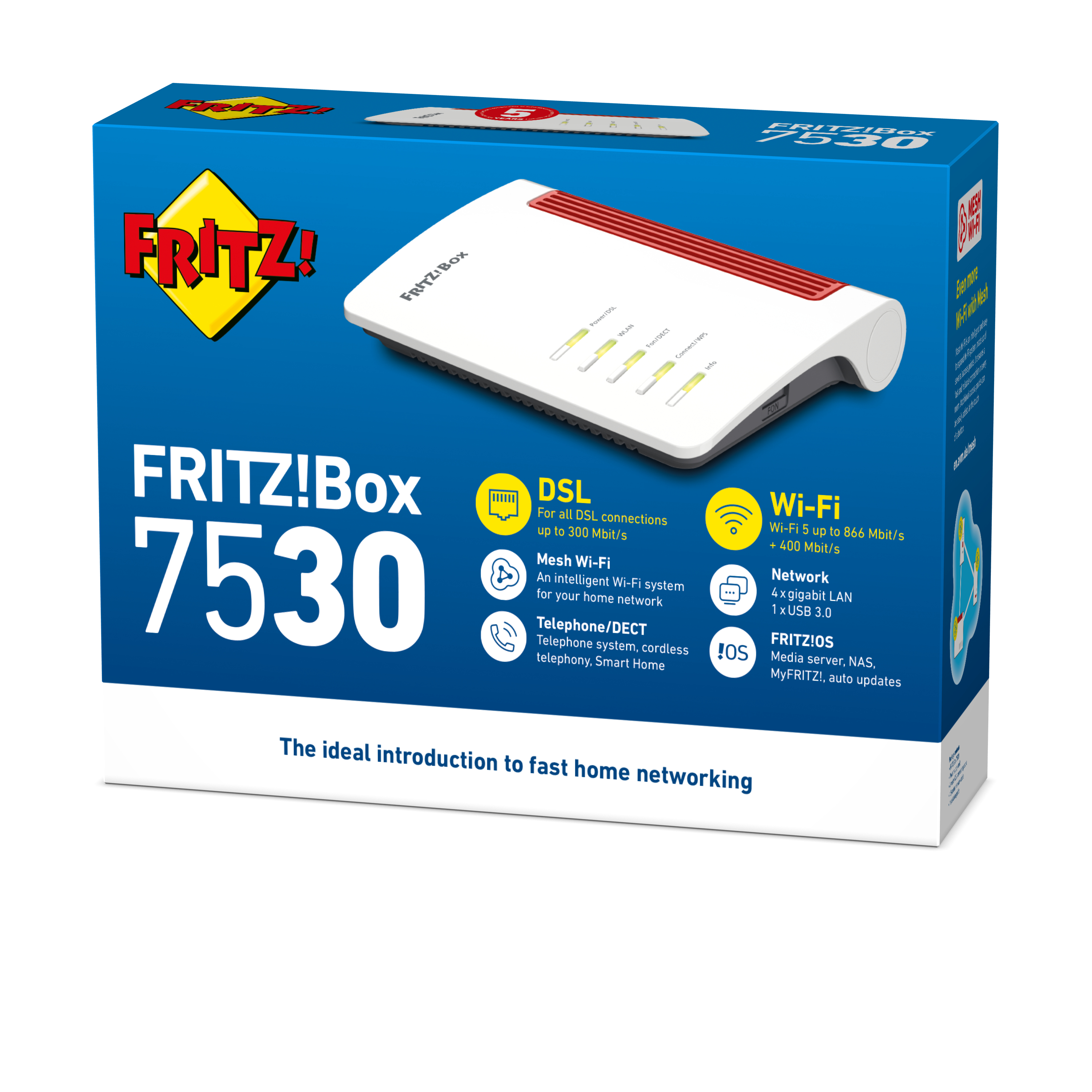 Una caja con un router, blanco con franja roja, fondo azul, texto: FRITZ!Box 7530, y otros detalles.