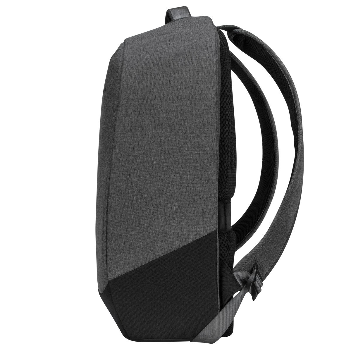 Ein grau-schwarzer Rucksack wird von der Seite gezeigt. Der Rucksack hat zwei Schultergurte und einen Griff oben.