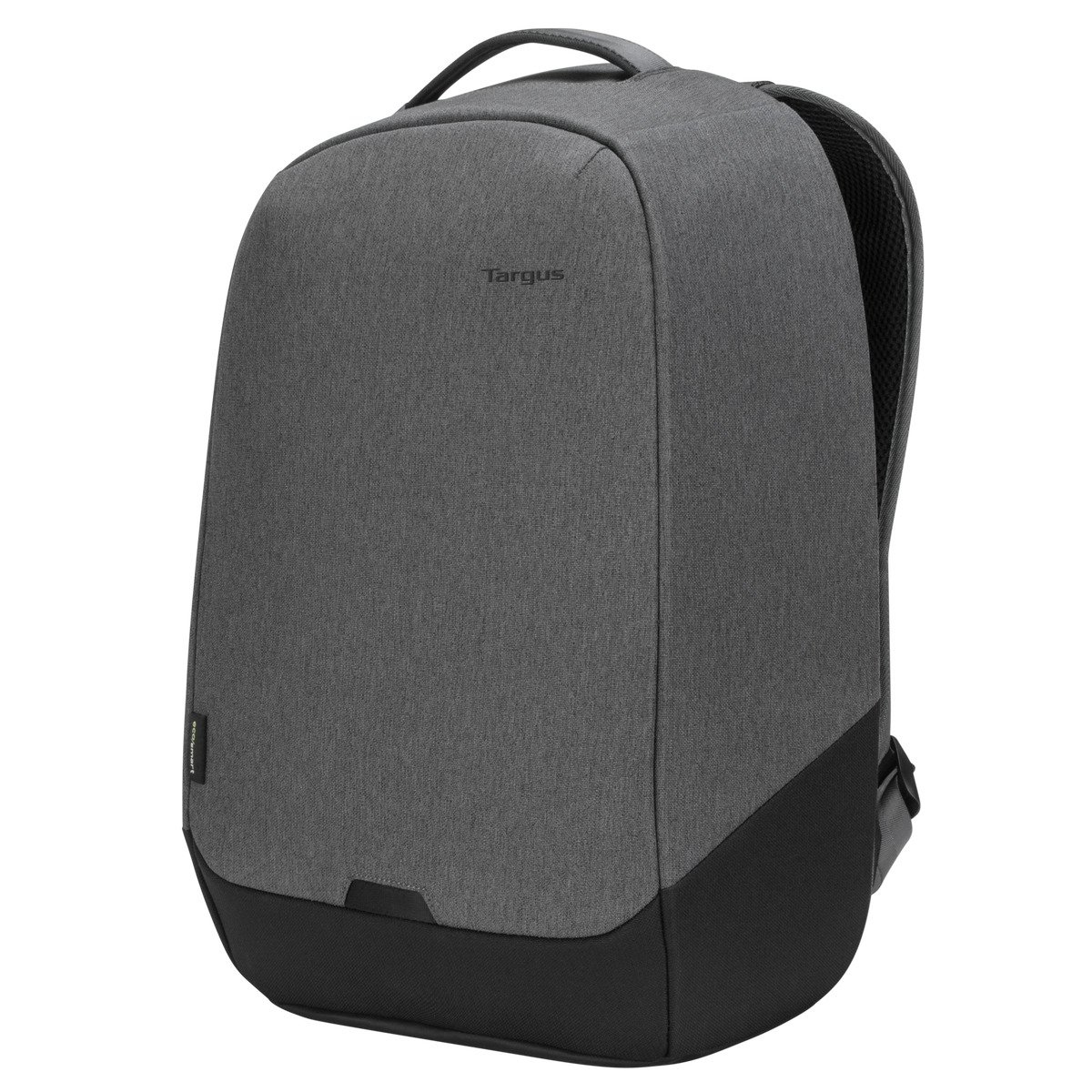 Ein grauer Targus-Rucksack mit schwarzem Unterteil. Er hat einen oberen Griff und Schultergurte. Der Rucksack befindet sich auf weißem Hintergrund.