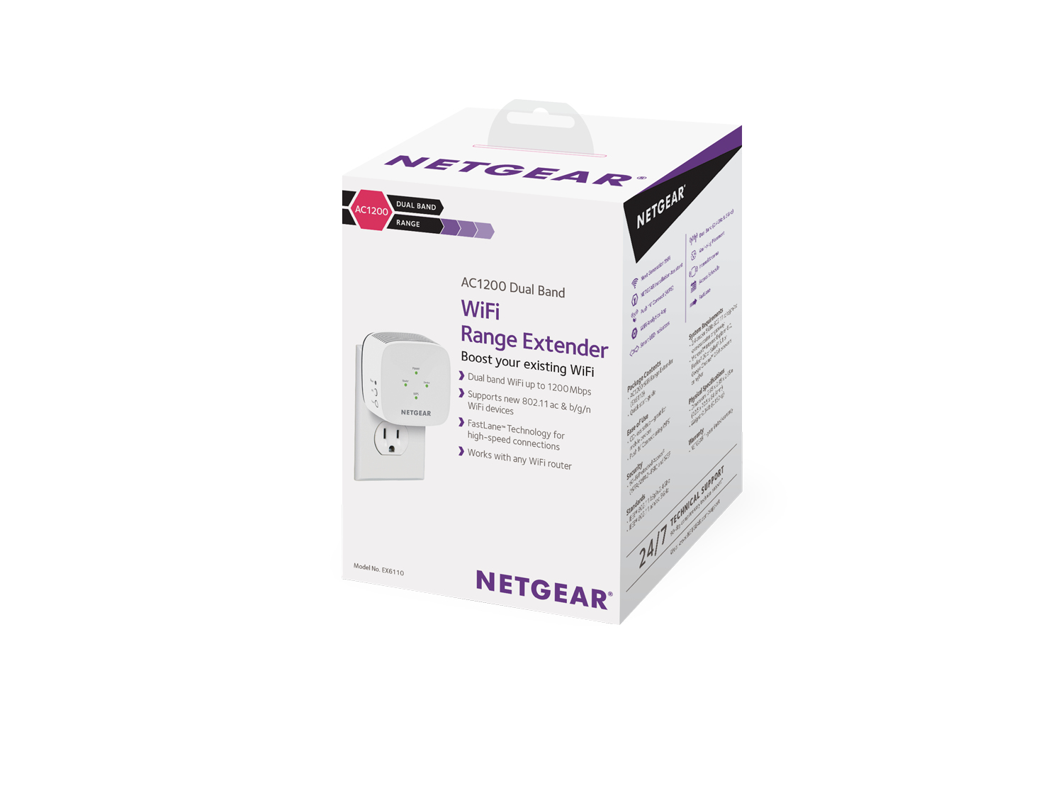 Une boîte Netgear AC1200 WiFi Range Extender. Elle montre l'appareil branché dans une prise murale, avec du texte décrivant ses caractéristiques.