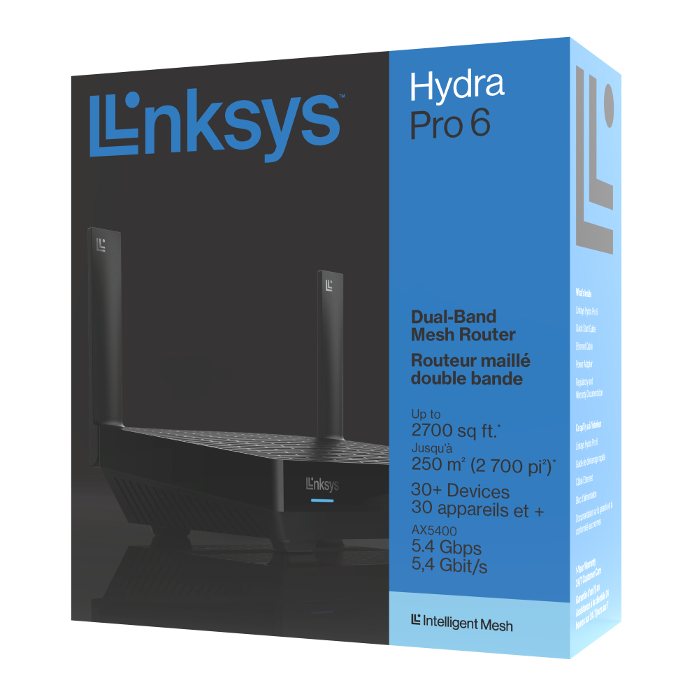 Pudełko routera Linksys Hydra Pro 6. Czarny router z dwiema antenami. Niebiesko-białe pudełko ze szczegółami produktu.
