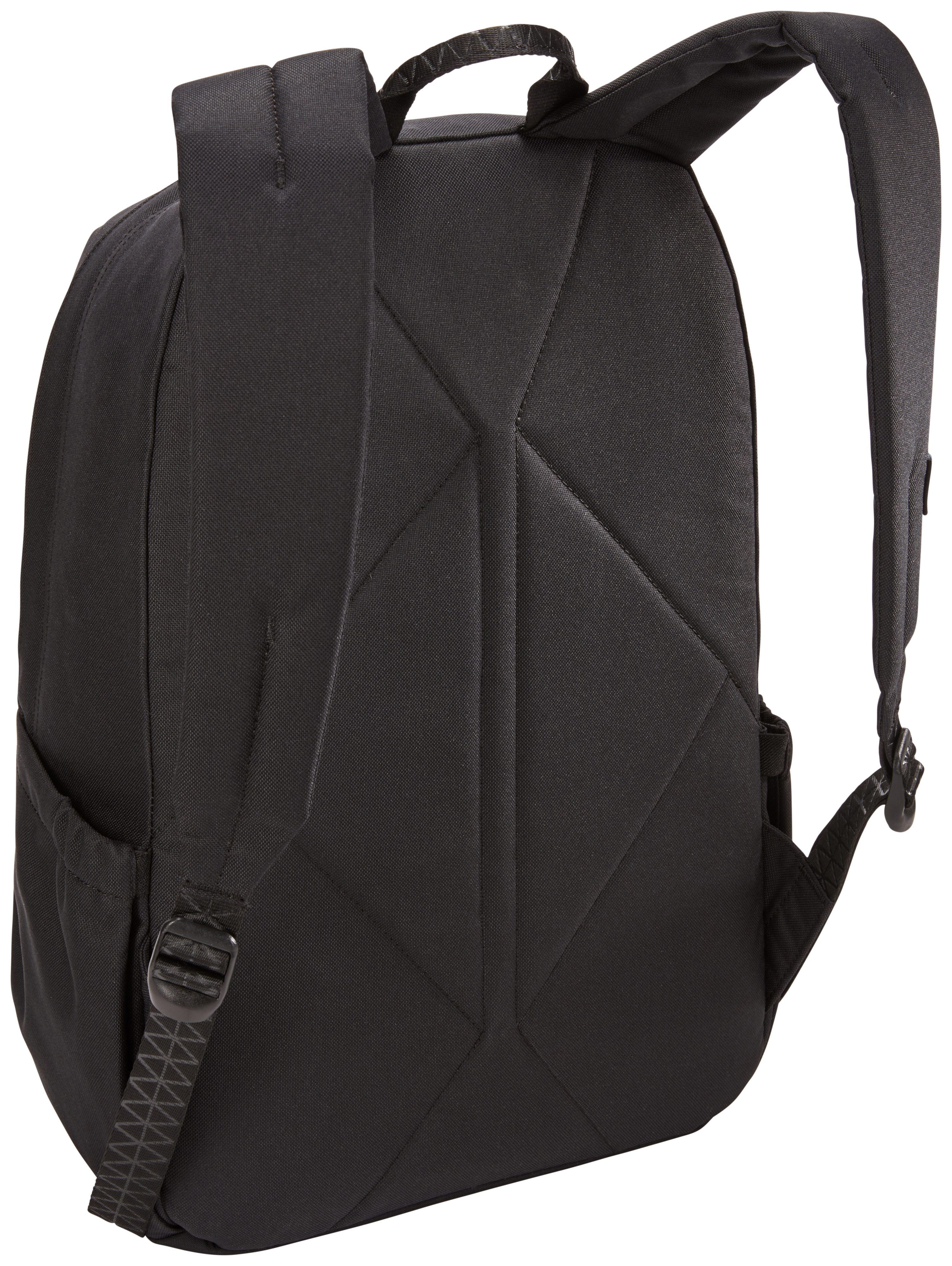 Zaino nero con spallacci imbottiti. Presenta una maniglia e spallacci regolabili. Sfondo bianco.