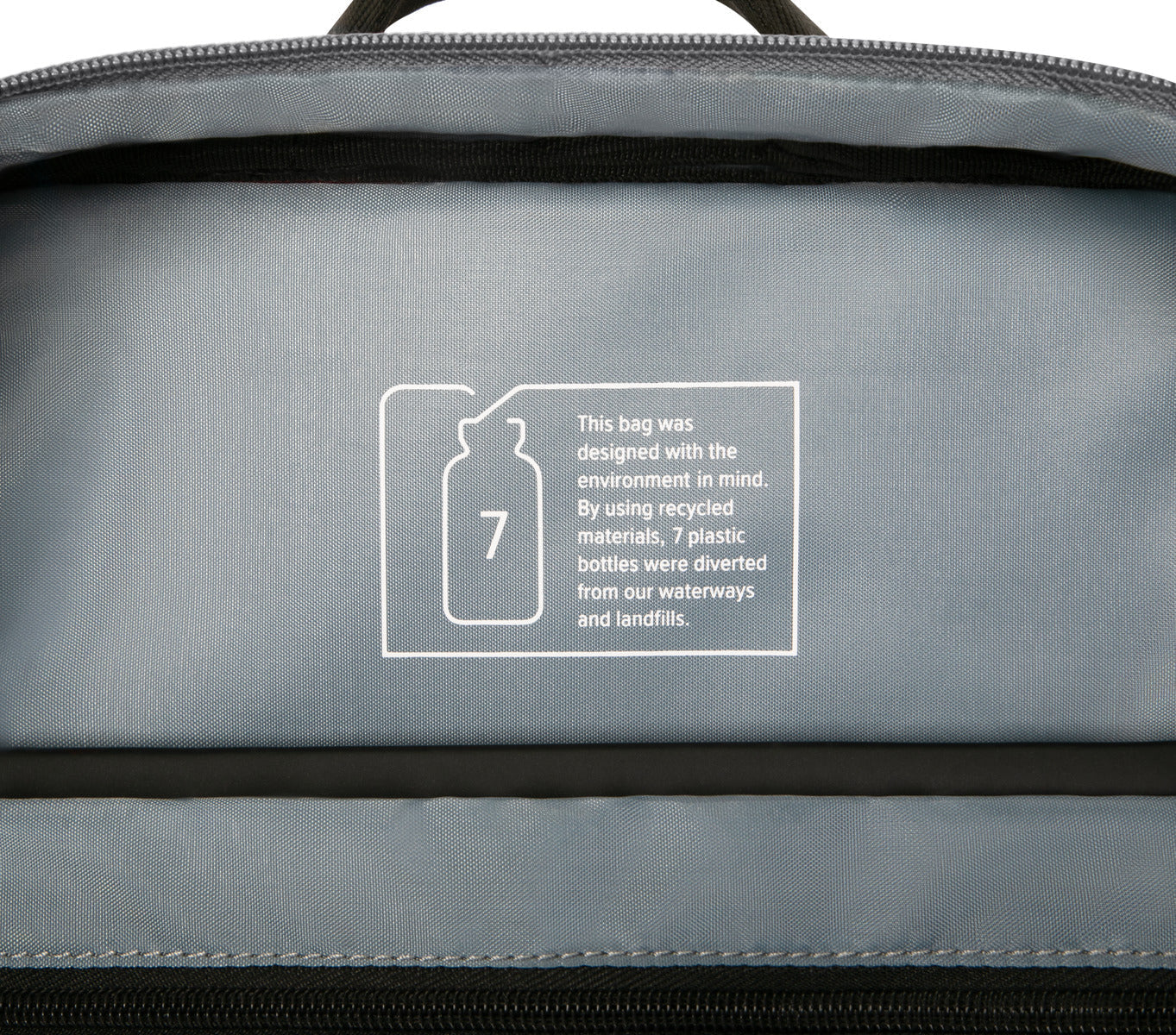 Innentasche. Text besagt, dass die Tasche umweltfreundlich gestaltet wurde, aus recycelten Materialien besteht und 7 Flaschen wiederverwertet.