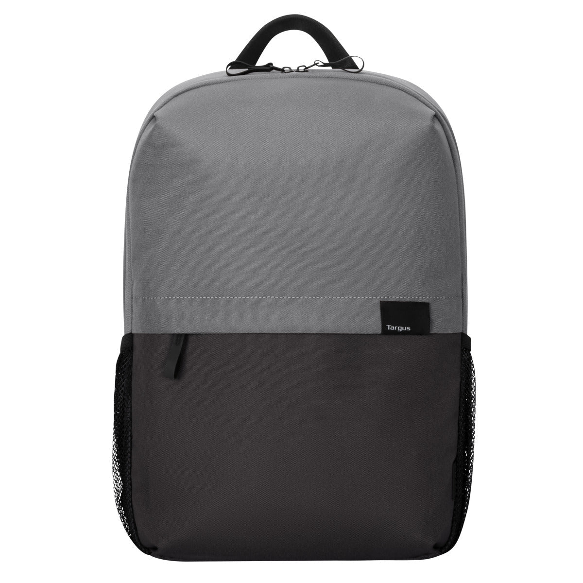 Ein grauer und schwarzer Rucksack. Die obere Hälfte ist grau, die untere schwarz. Er hat einen schwarzen Griff und ein kleines Targus-Etikett.