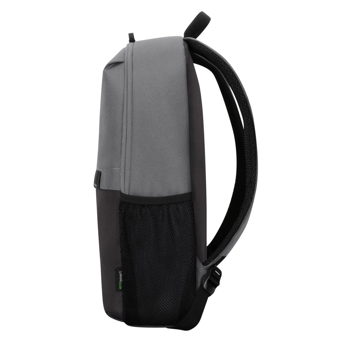 Grauer und schwarzer Rucksack. Der obere Teil ist grau, der untere Teil ist schwarz mit einer Netztasche. Die Träger sind schwarz.