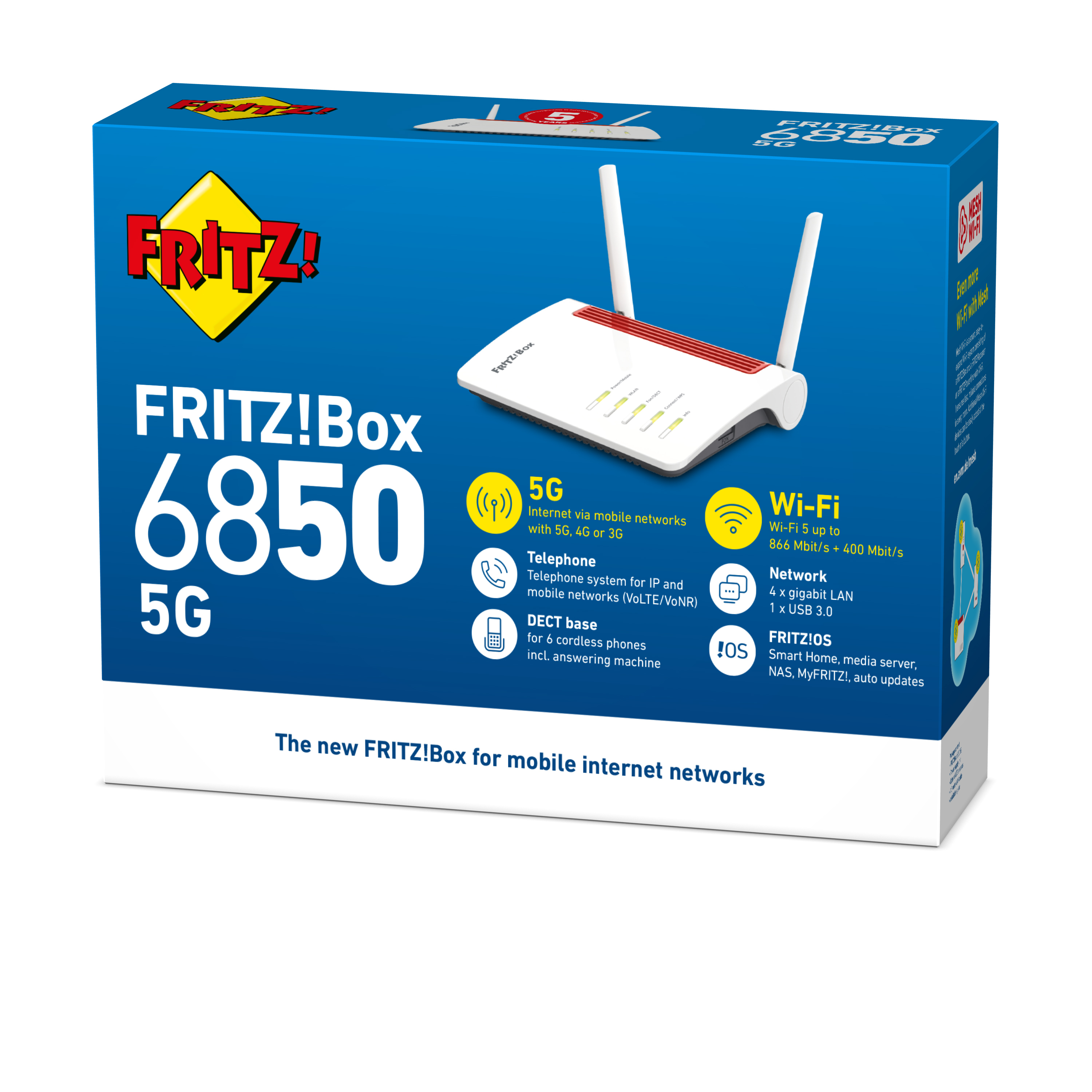 Pudełko routera FRITZ!Box 6850 5G. Pokazuje router i jego funkcje.