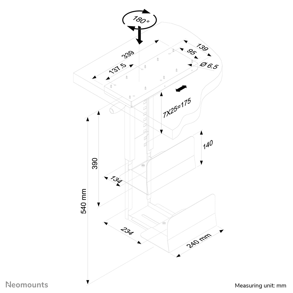 Diagramm einer Computerhalterung mit Abmessungen in mm. Es zeigt verschiedene Teile und Maße wie 540 mm, 390, 234 und 240 mm.