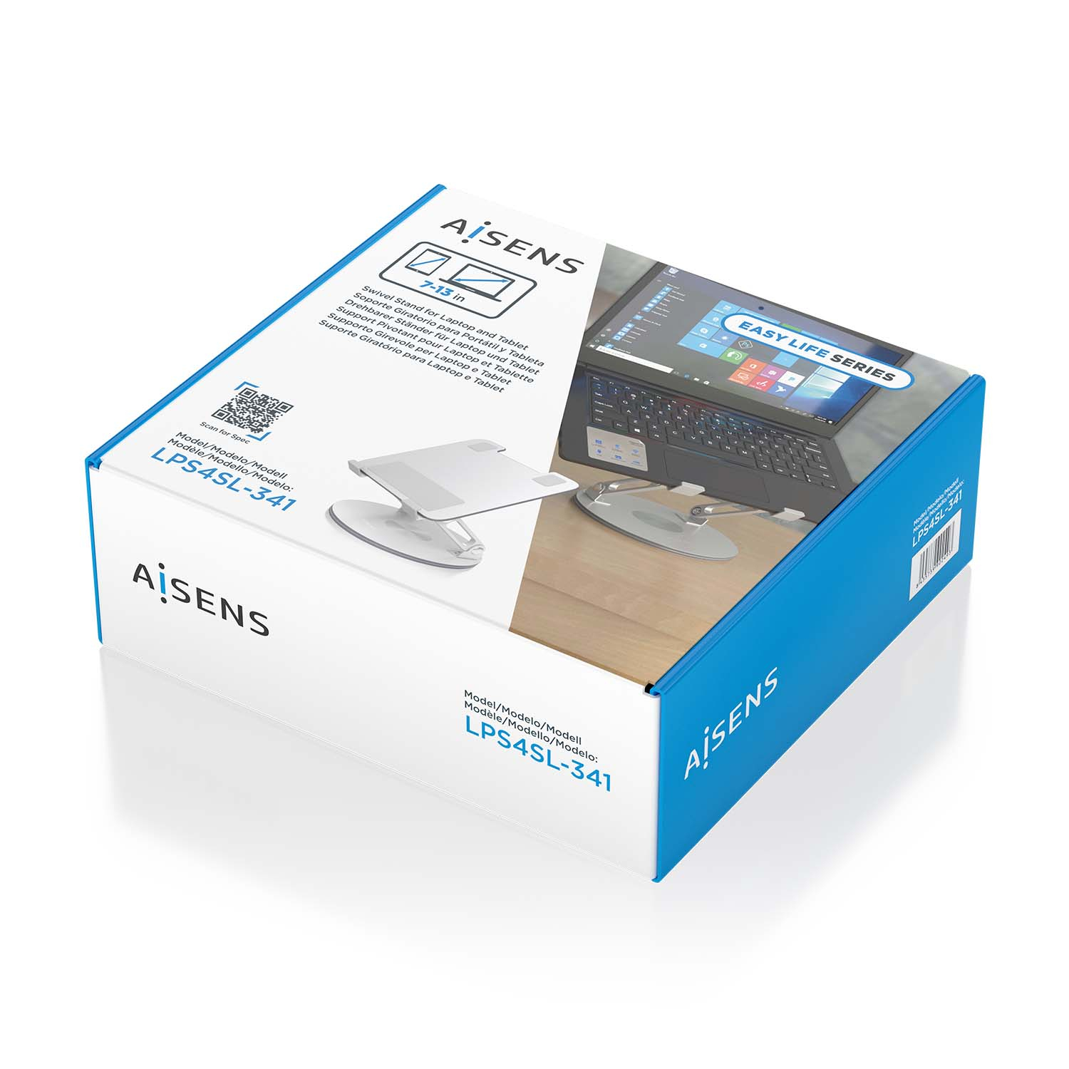 Een witte doos met een laptopstandaard. De doos heeft tekst en een afbeelding van een laptop op een standaard. De merknaam is AISENS.