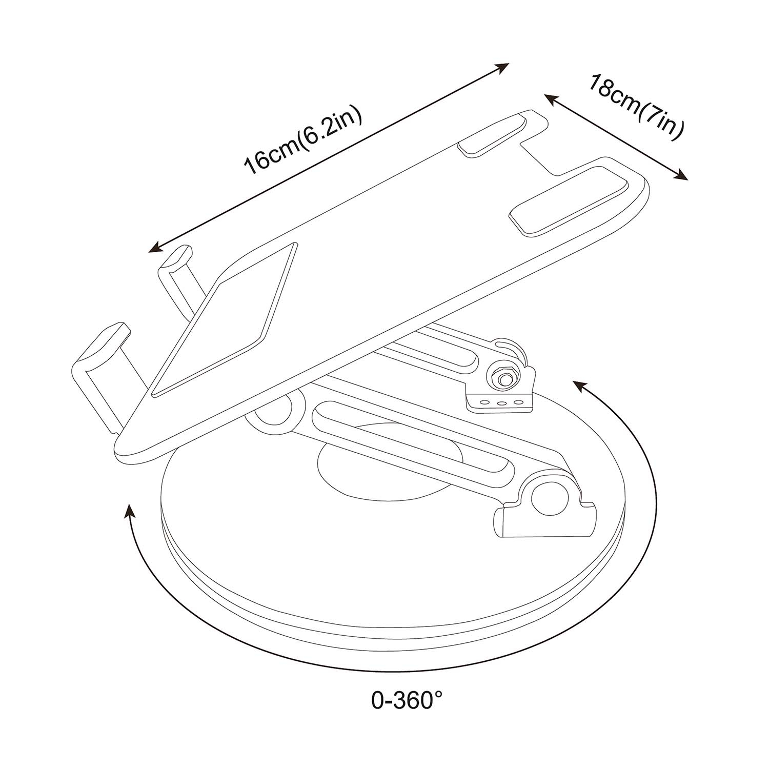 Diagram van een telefoonstandaard. Toont afmetingen van 16 cm en 18 cm, en een rotatie van 0-360 graden. Witte achtergrond.