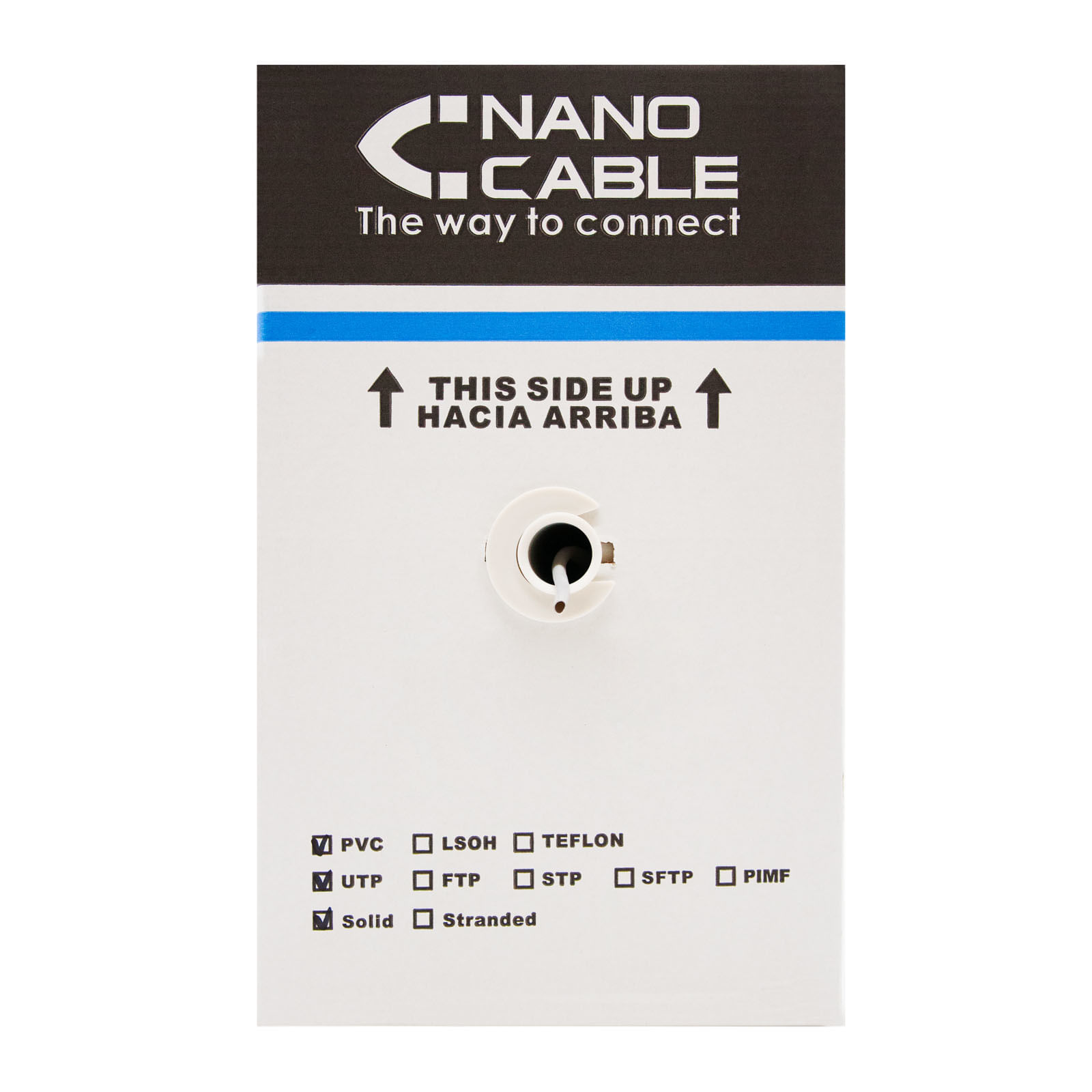 Una caja blanca con conector de cable. Texto: 'NANO CABLE', 'This Side Up'.