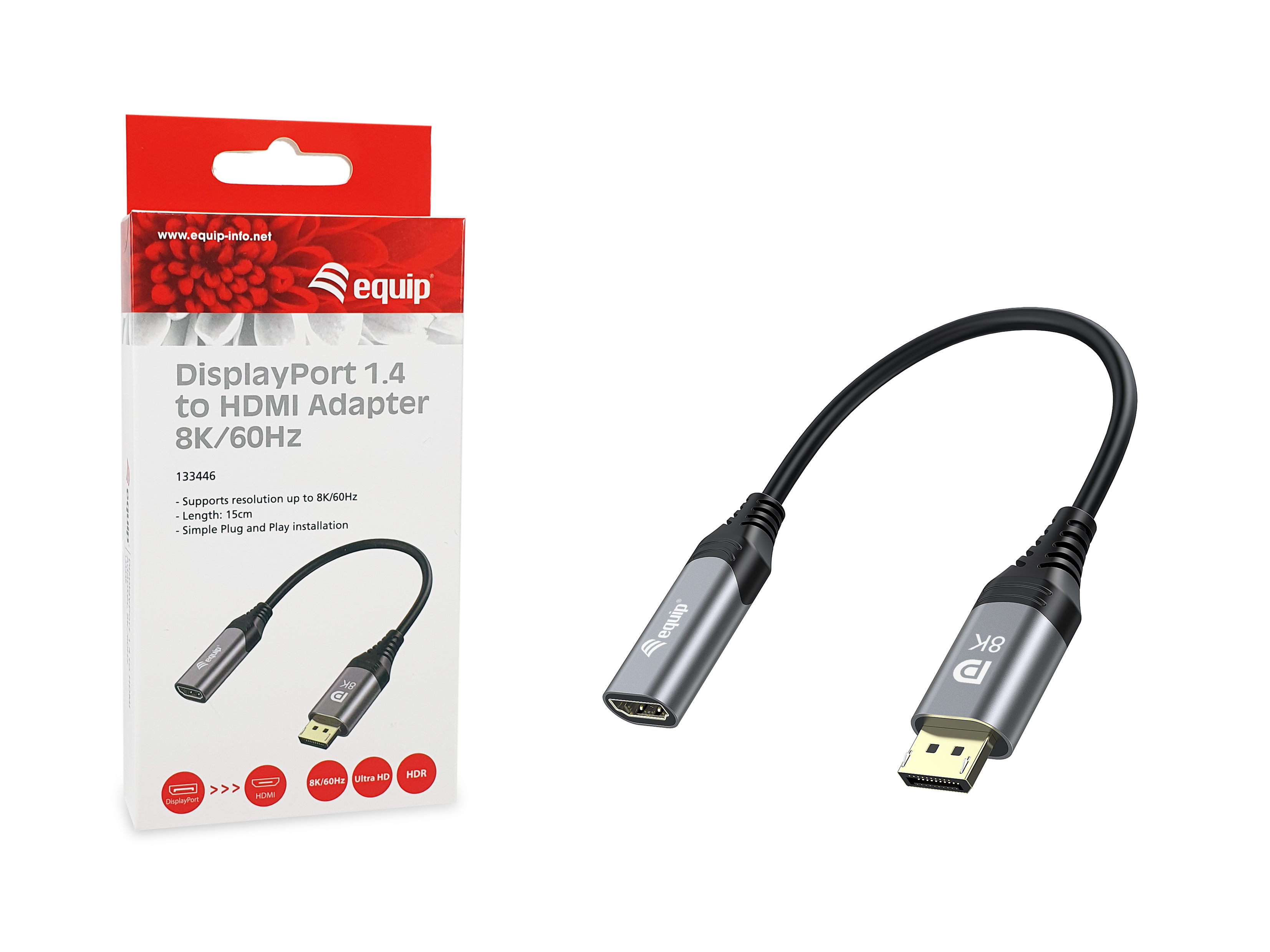 Adaptador de DisplayPort a HDMI. La caja tiene texto y el adaptador tiene un cable negro con extremos grises.