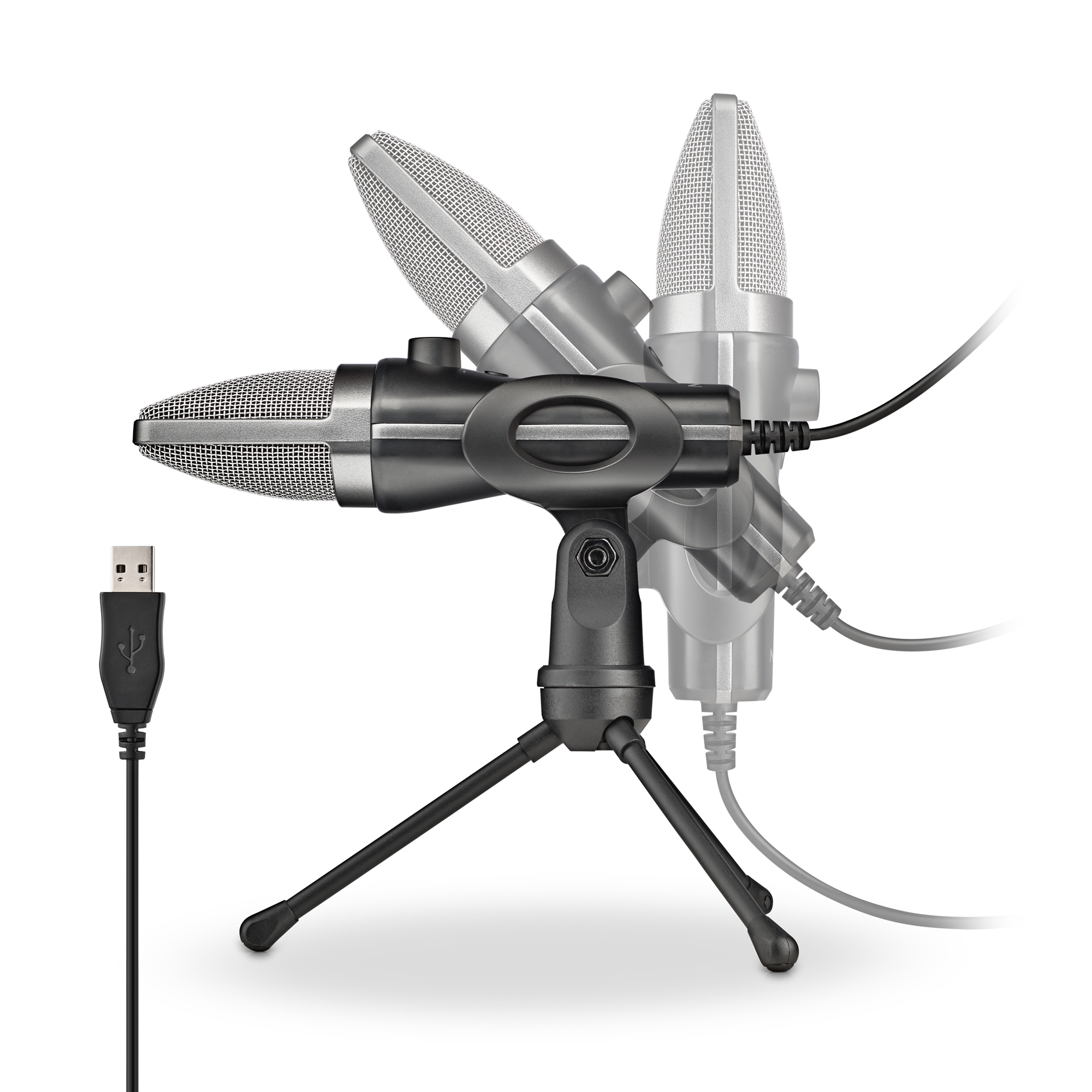 Un microfono argentato con supporto nero e cavo USB. Immagini fantasma mostrano il movimento.