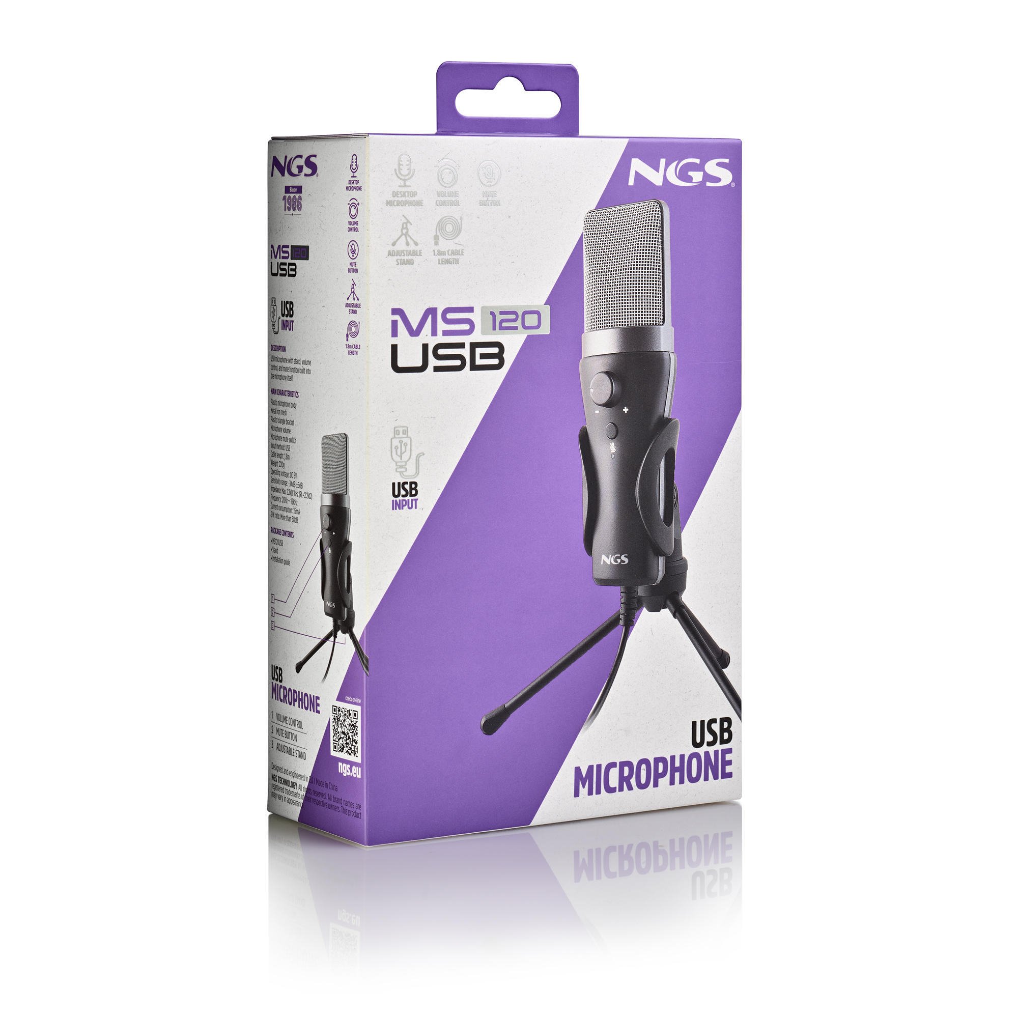 Una scatola con un microfono USB nero e un treppiede. La scatola ha il marchio NGS e dettagli.
