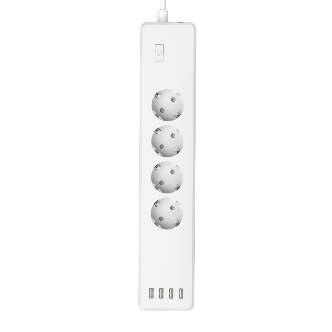 Ein weißer Netzstecker mit vier Steckdosen, vier USB-Anschlüssen und einem Netzschalter oben. Oben ist ein weißes Kabel eingesteckt.