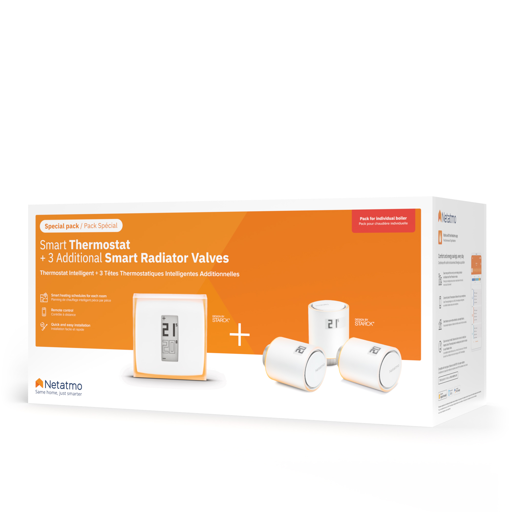 Box with thermostat and three radiator valves. White devices with digital displays. Orange and white packaging.