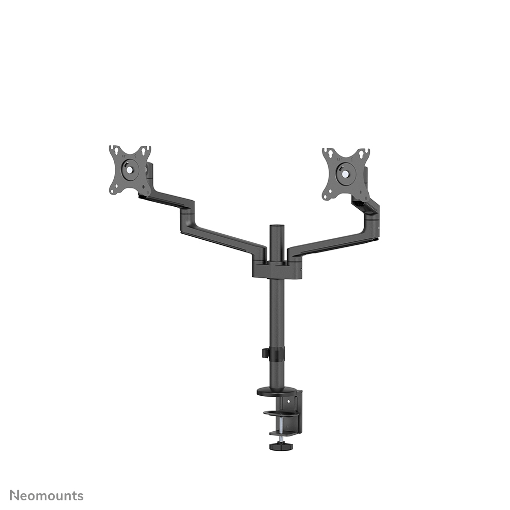 A dark monitor arm for two screens, with a clamp base, adjustable arms, and mounting plates, all against a white background.