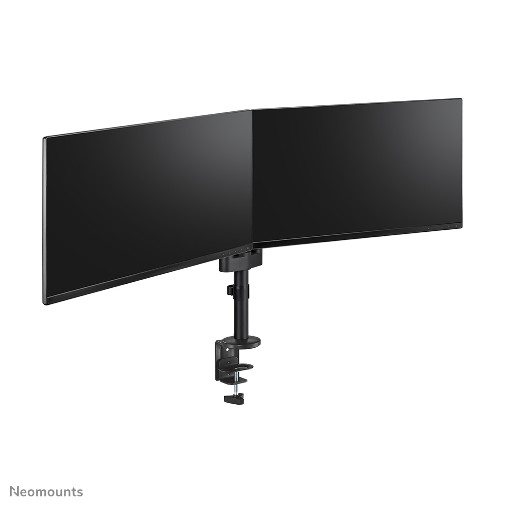 Two curved black computer monitors mounted on a black stand. The stand is attached to a clamp.